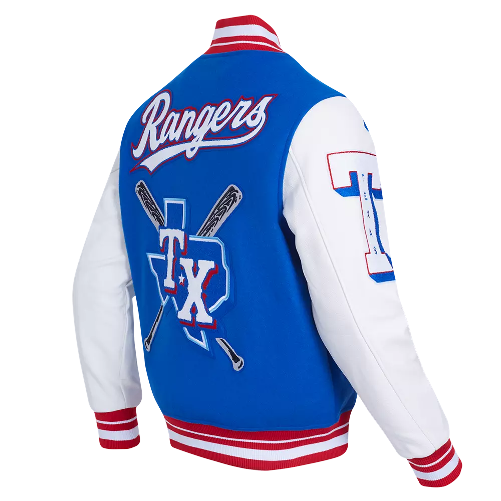 Pro Standard Men's MLB Texas Rangers Mashup Rib Wool Varsity Jacket -Blue/Red/White - BLUE/RED/WHITE