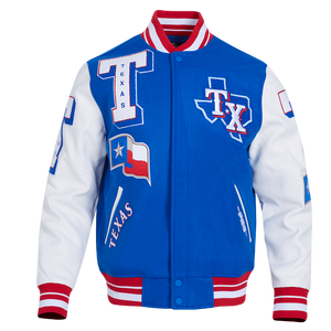 Pro Standard Men's MLB Texas Rangers Mashup Rib Wool Varsity Jacket -Blue/Red/White