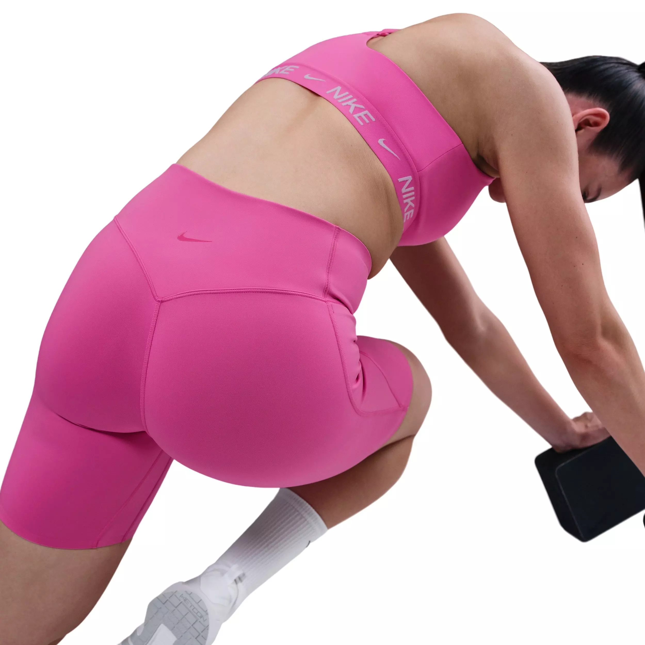 Nike Women's Universa Med-Support High-Waisted 8" Biker Shorts w/Pockets - Pink - PINK