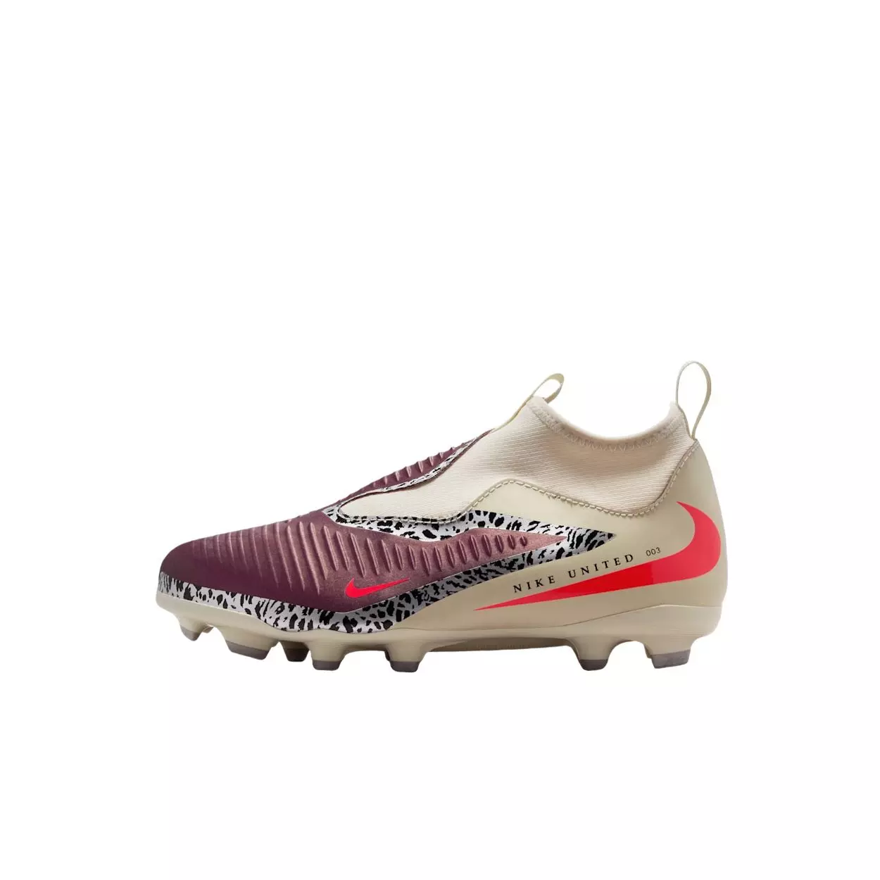 Nike United Jr. Phantom 6 Academy FG "Burgundy Crush/Fossil/Red" Grade School Kids' Soccer Cleat - BURGUNDY/FOSSIL/RED
