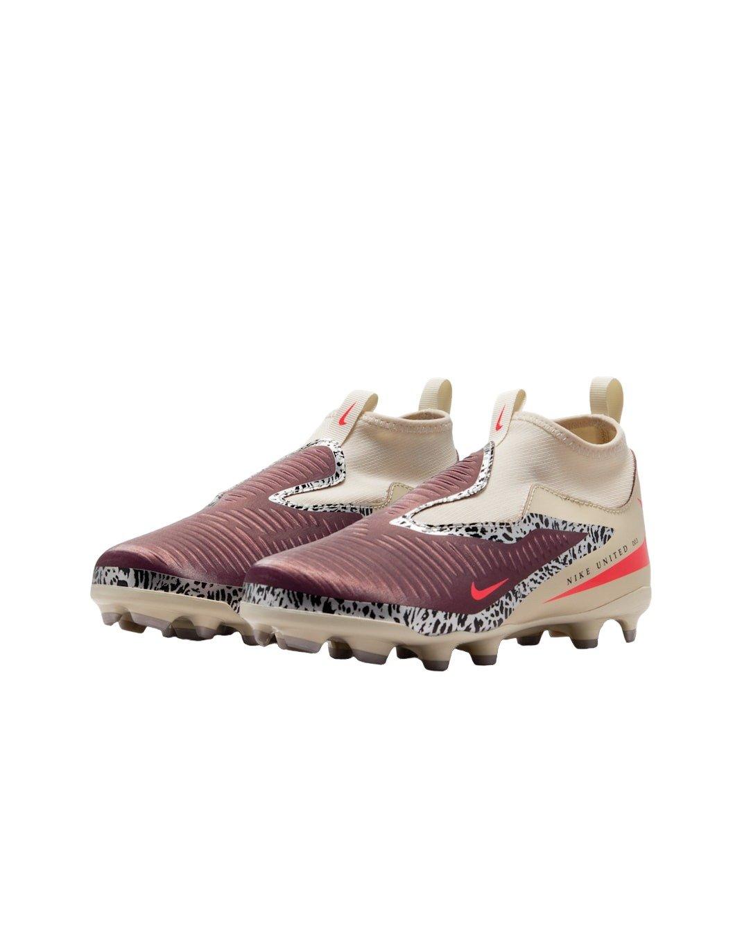Nike United Jr. Phantom 6 Academy FG "Burgundy Crush/Fossil/Red" Grade School Kids' Soccer Cleat - BURGUNDY/FOSSIL/RED Thumbnail View 3