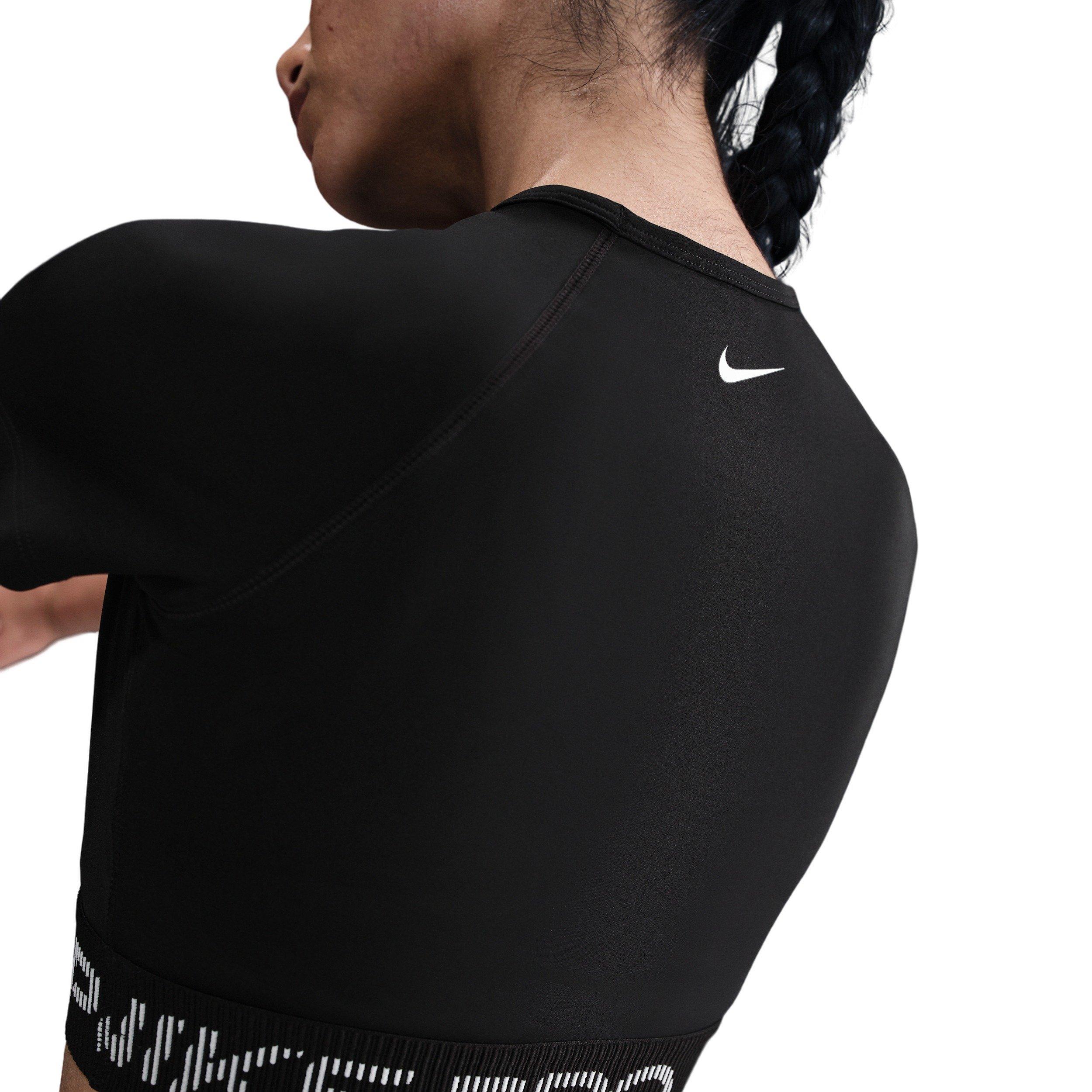 Nike Women's Pro Dri-FIT Short-Sleeve Cropped Graphic Top -Black - BLACK Thumbnail View 2