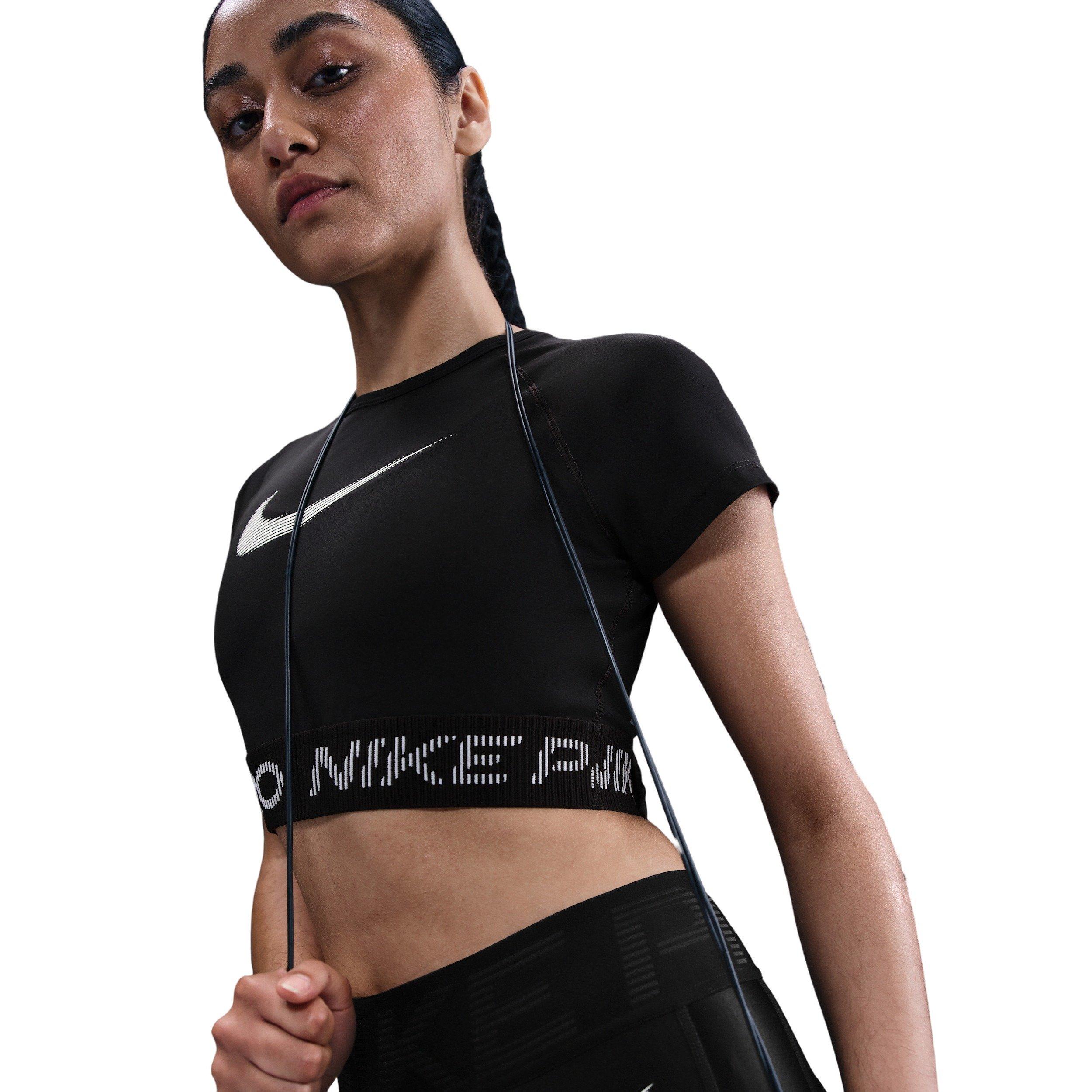 Nike Women's Pro Dri-FIT Short-Sleeve Cropped Graphic Top - Black - BLACK Thumbnail View 3
