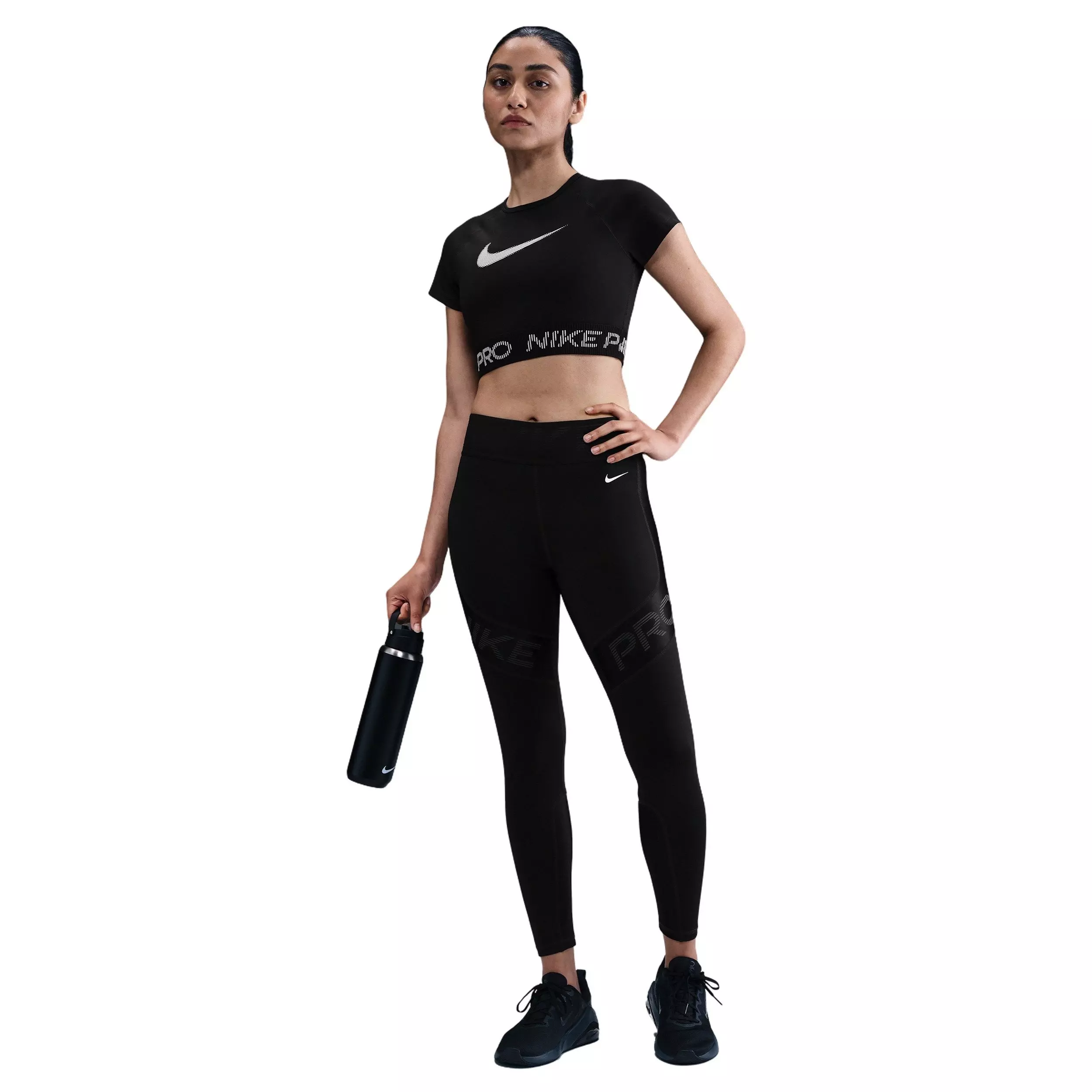 Nike Women's Pro Dri-FIT Short-Sleeve Cropped Graphic Top - Black - BLACK