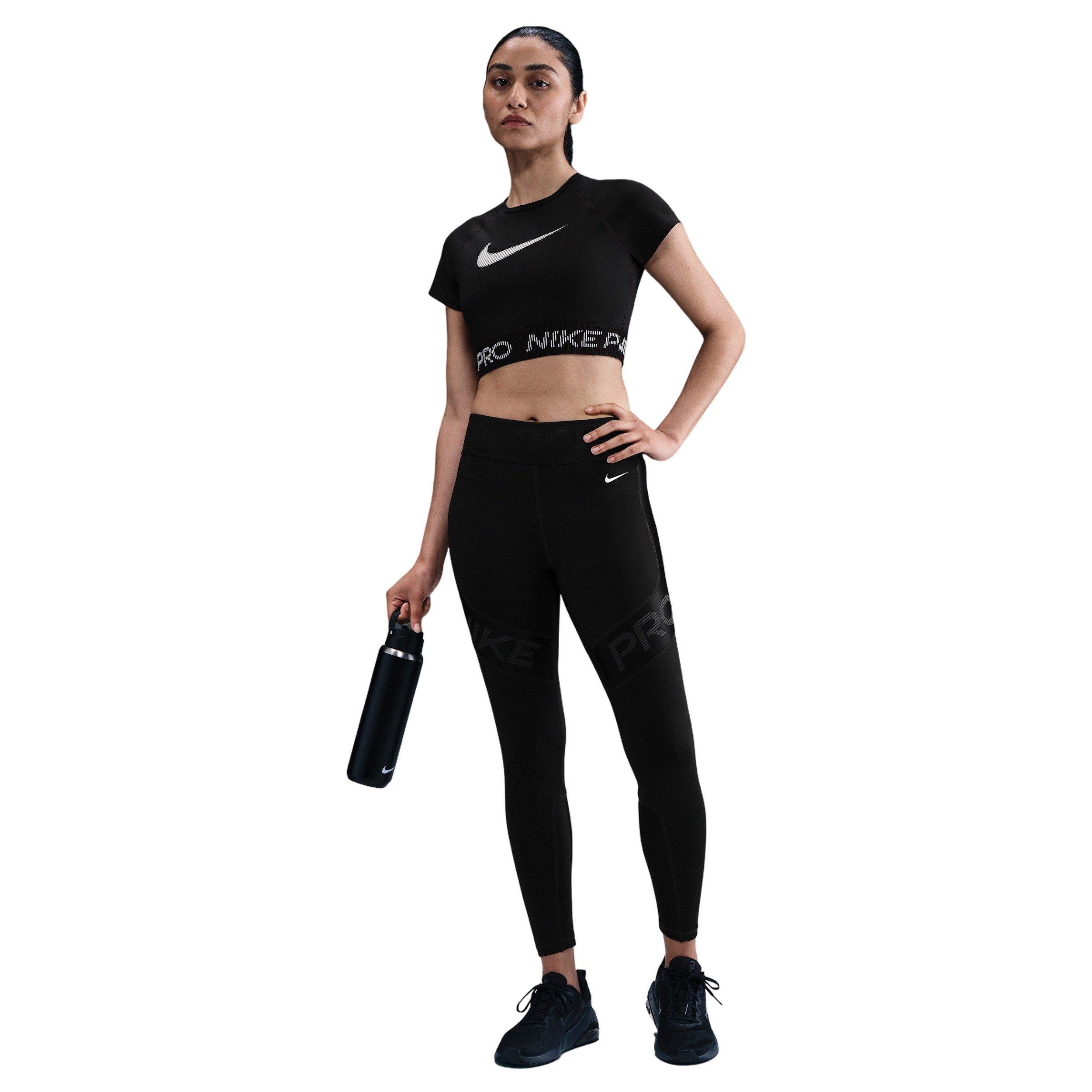 Nike Women's Pro Dri-FIT Short-Sleeve Cropped Graphic Top -Black - BLACK Thumbnail View 4