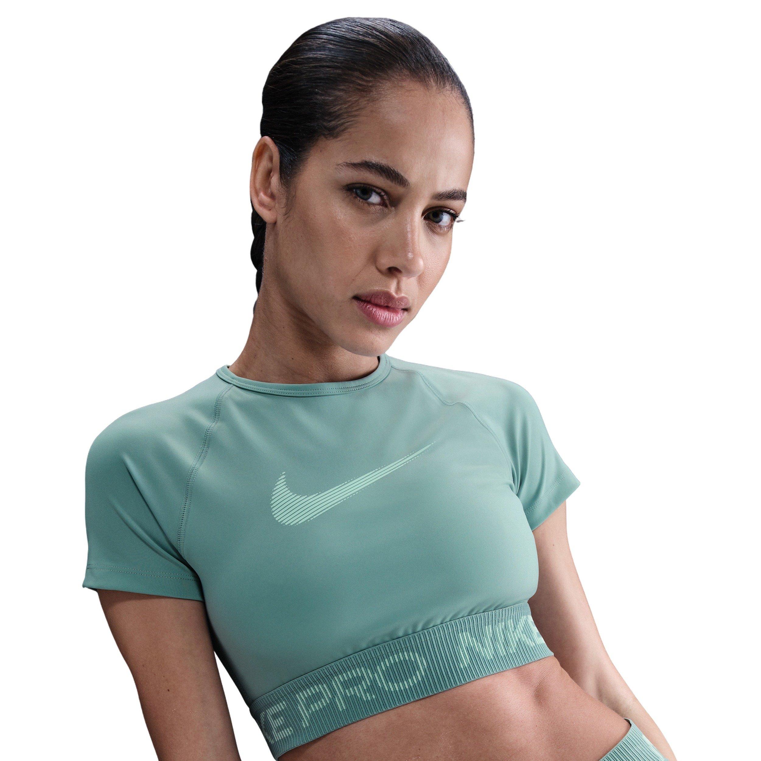 Nike Women's Pro Dri-FIT Short-Sleeve Cropped Graphic Top -Green - GREEN Thumbnail View 1