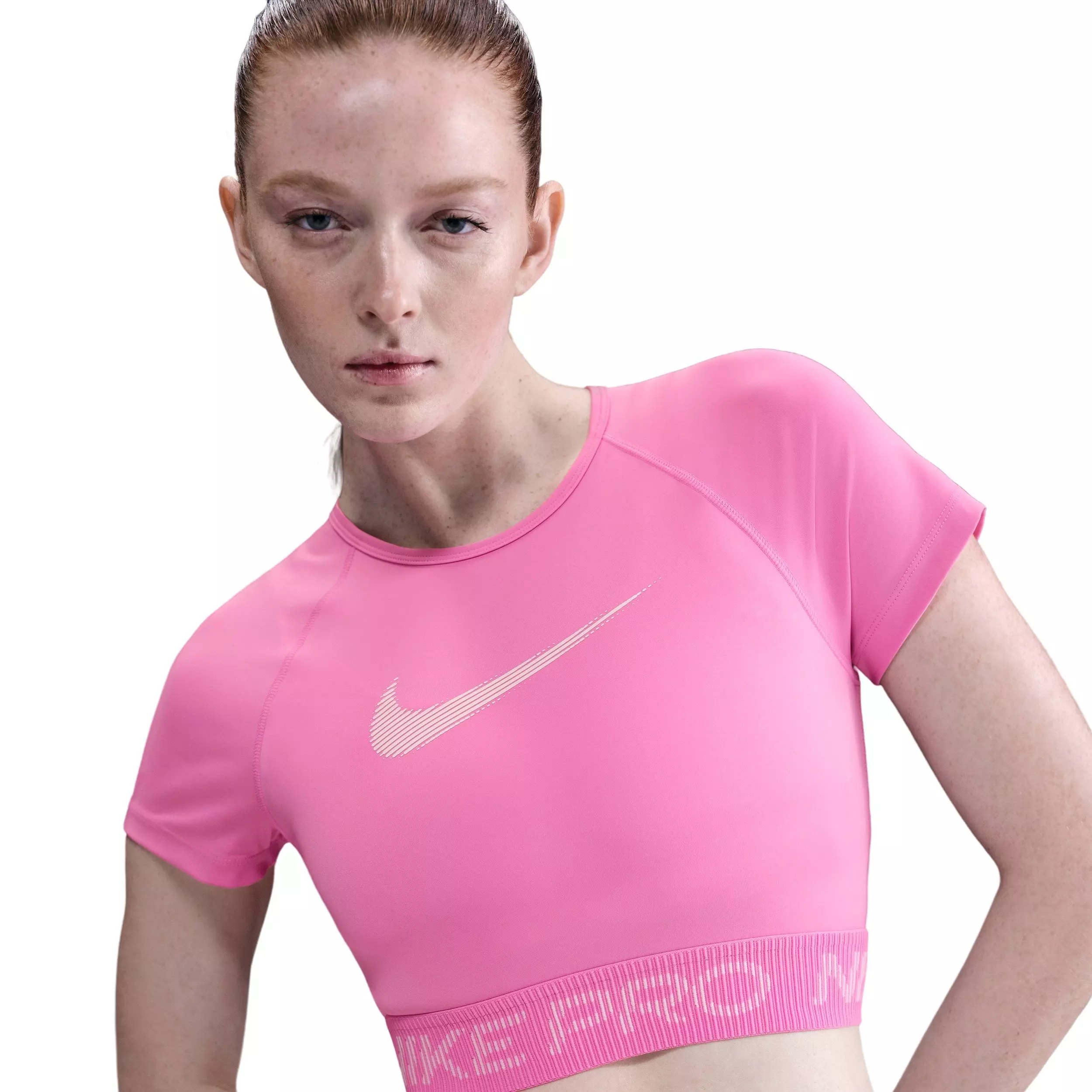 Nike Women's Pro Dri-FIT Short-Sleeve Cropped Graphic Top -Pink - PINK