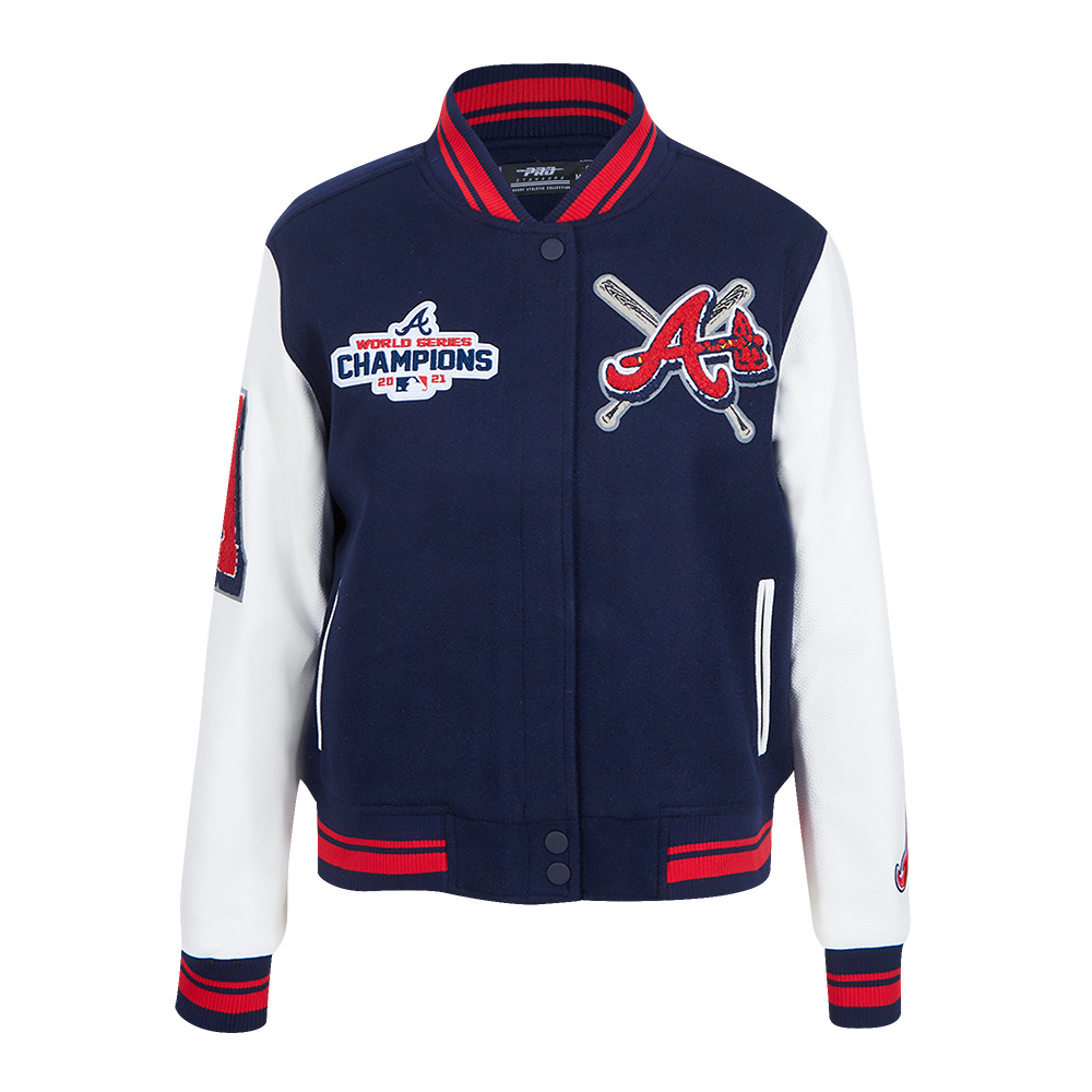 Pro Standard Women's MLB Atlanta Braves Mashup Rib Wool Varsity Jacket - Navy/Red - NAVY/RED Thumbnail View 1