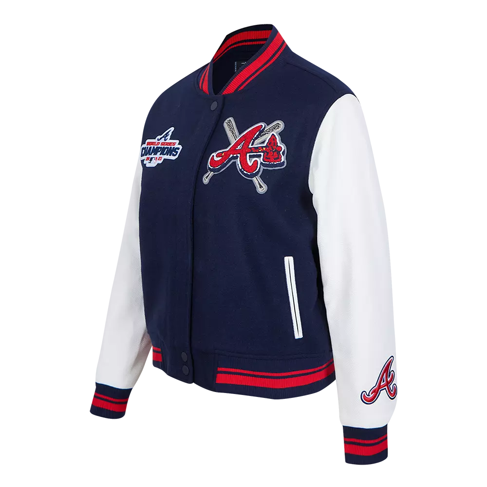 Pro Standard Women's MLB Atlanta Braves Mashup Rib Wool Varsity Jacket -Navy/Red - NAVY/RED