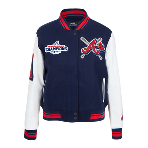 Pro Standard Women's MLB Atlanta Braves Mashup Rib Wool Varsity Jacket -Navy/Red