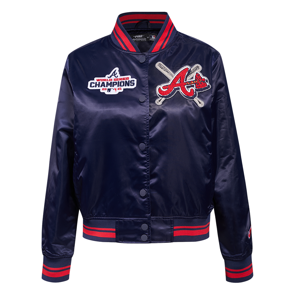 Pro Standard Women's MLB Atlanta Braves Mashup Rib Satin Jacket - Navy/Red - NAVY/RED Thumbnail View 1