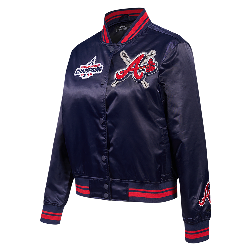 Pro Standard Women's MLB Atlanta Braves Mashup Rib Satin Jacket - Navy/Red - NAVY/RED Thumbnail View 3
