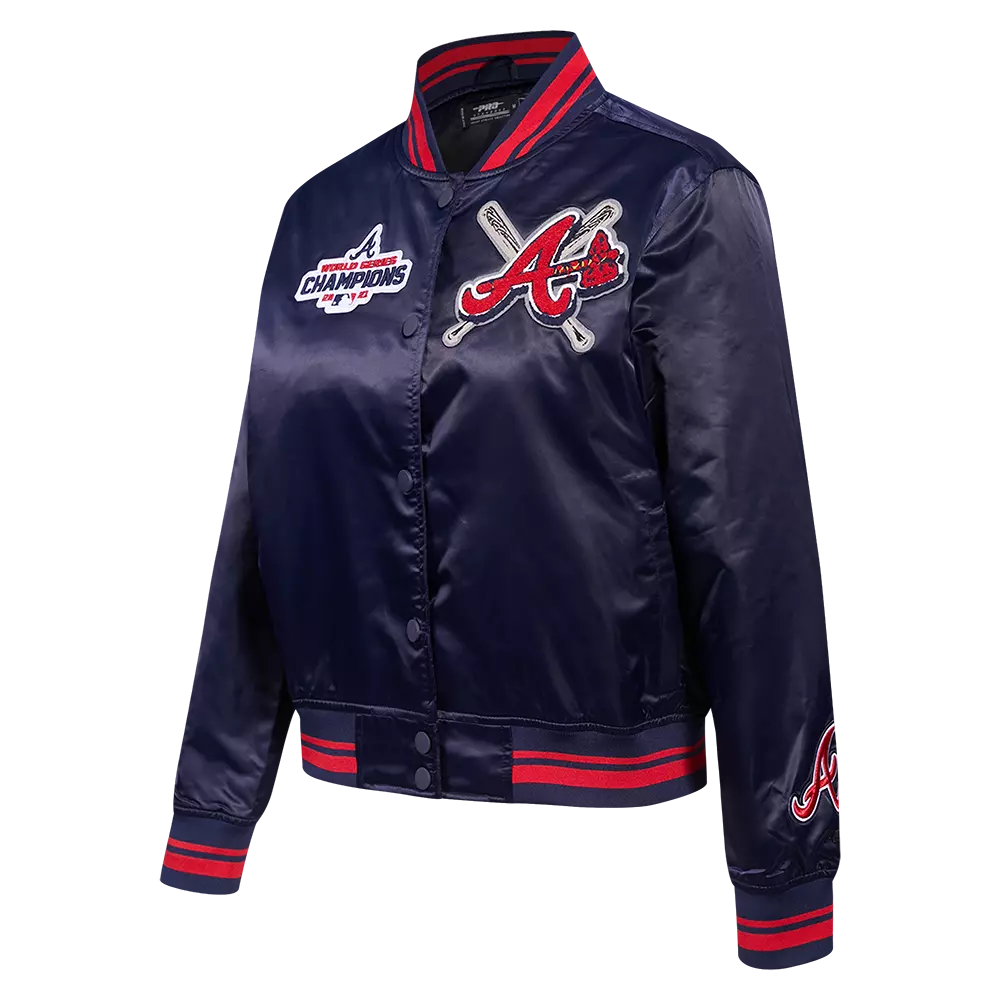 Pro Standard Women's MLB Atlanta Braves Mashup Rib Satin Jacket - Navy/Red - NAVY/RED