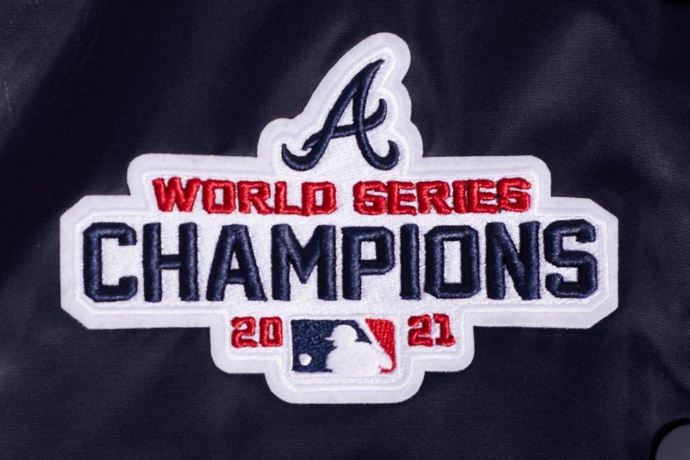 Pro Standard Women's MLB Atlanta Braves Mashup Rib Satin Jacket -Navy/Red - NAVY/RED Thumbnail View 5