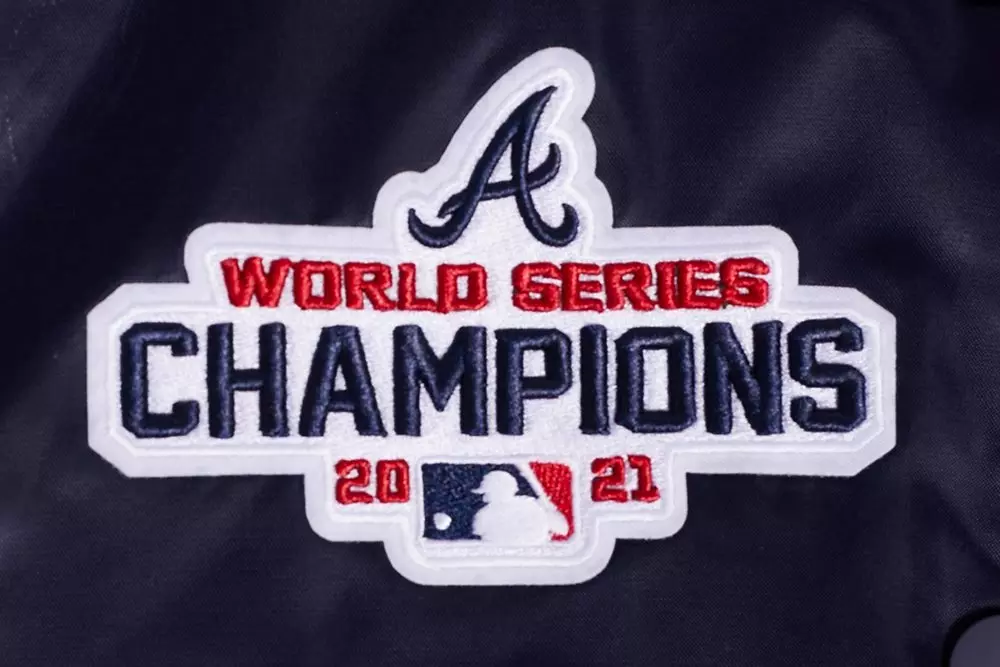 Pro Standard Women's MLB Atlanta Braves Mashup Rib Satin Jacket -Navy/Red - NAVY/RED