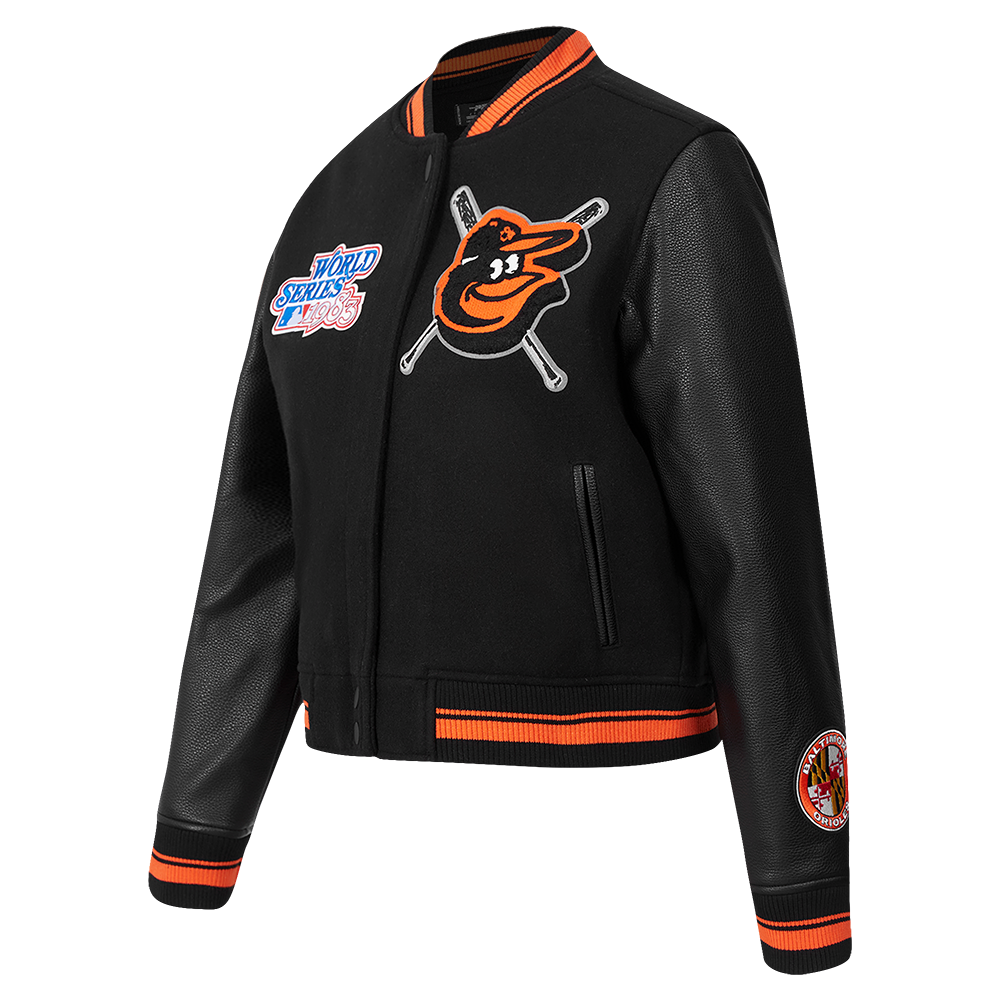 Pro Standard Women's MLB Baltimore Orioles Mashup Rib Wool Varsity Jacket - Black/Orange - BLACK/ORANGE Thumbnail View 3