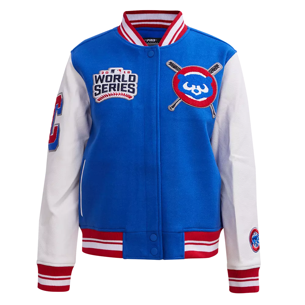Pro Standard Women's MLB Chicago Cubs Mashup Rib Wool Varsity Jacket -Royal/Red - ROYAL/RED
