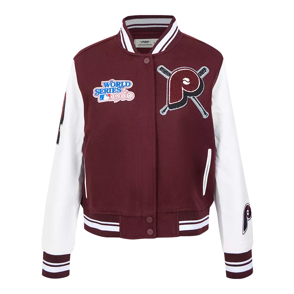 Pro Standard Women's MLB Philadelphia Phillies Mashup Rib Wool Varsity Jacket -Wine/White - WINE/WHITE