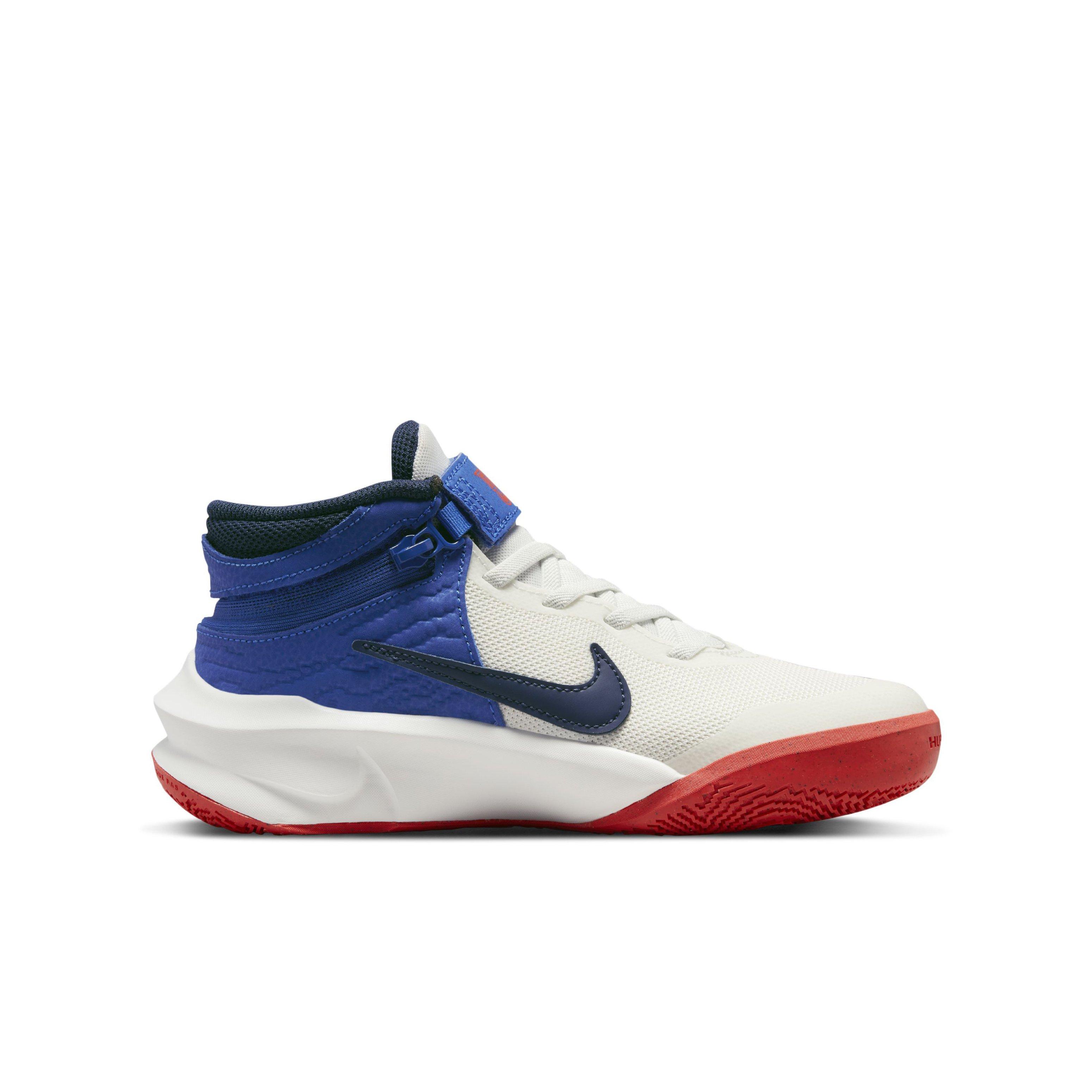 Nike Team Hustle D 10 FlyEase "Summit White/Navy/Game Royal" Grade School Boys' Basketball Shoe - WHITE/NAVY/ROYAL Thumbnail View 1