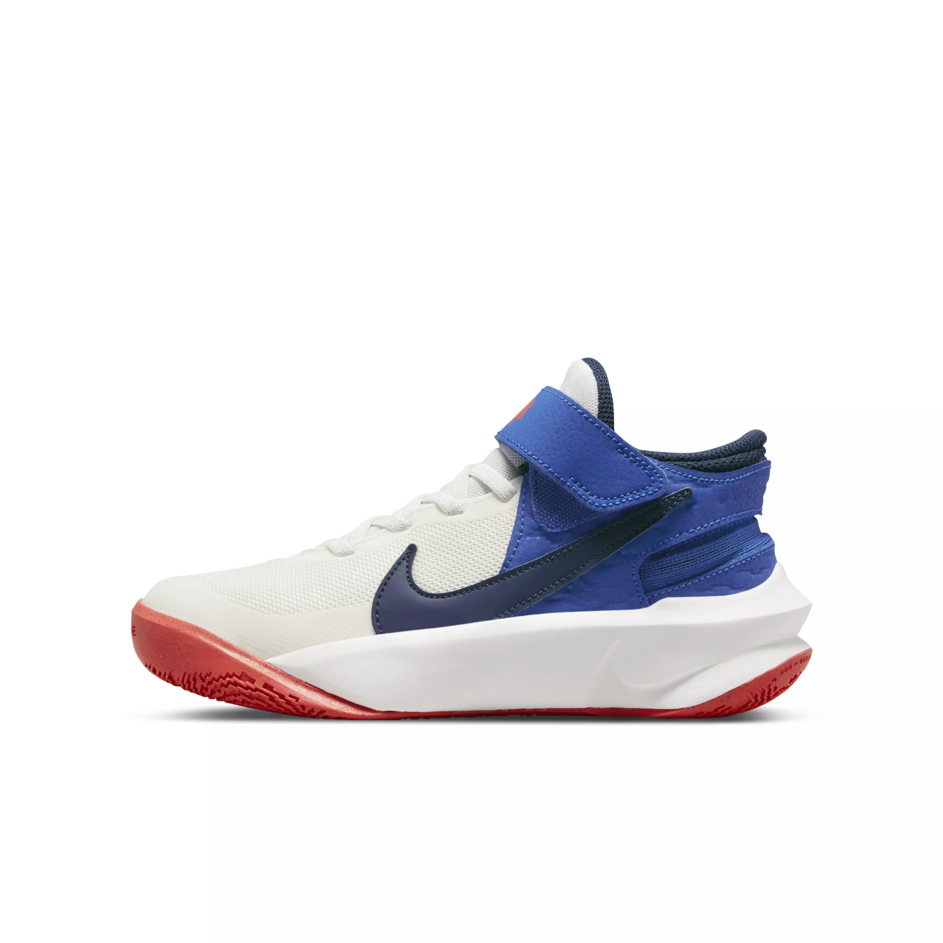 Nike Team Hustle D 10 FlyEase "Summit White/Navy/Game Royal" Grade School Boys' Basketball Shoe - WHITE/NAVY/ROYAL