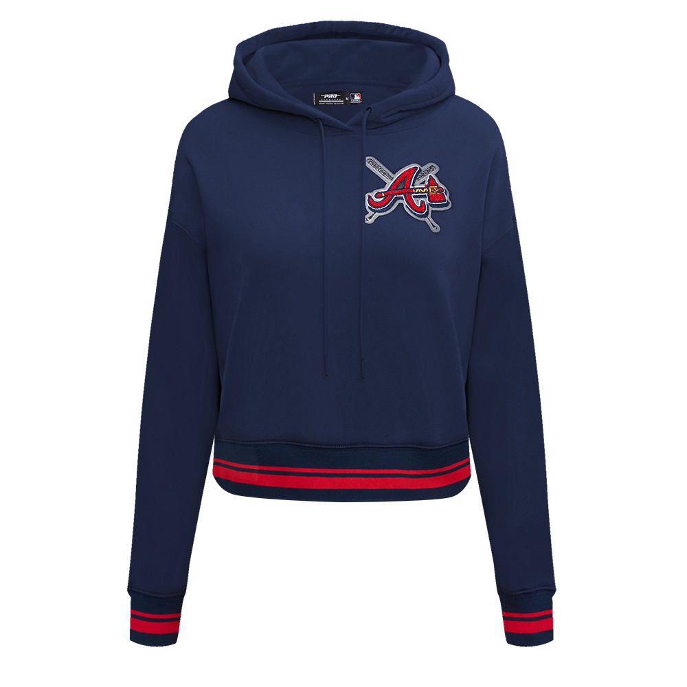 Pro Standard Women's MLB Atlanta Braves Mashup Rib Cropped Fleece PO Hoodie -Navy/Red - NAVY/RED Thumbnail View 1