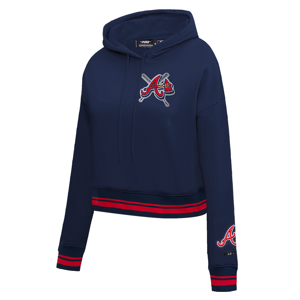 Pro Standard Women's MLB Atlanta Braves Mashup Rib Cropped Fleece PO Hoodie -Navy/Red - NAVY/RED Thumbnail View 3