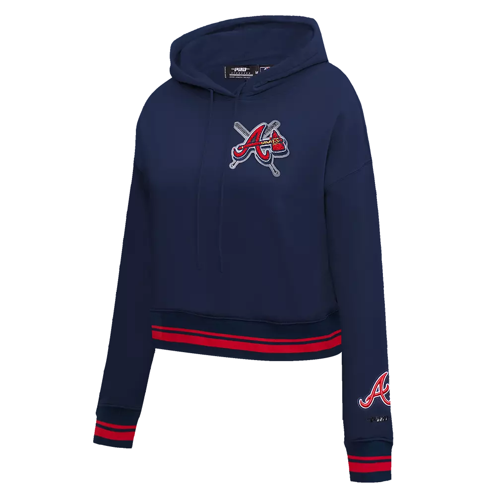 Pro Standard Women's MLB Atlanta Braves Mashup Rib Cropped Fleece PO Hoodie -Navy/Red - NAVY/RED