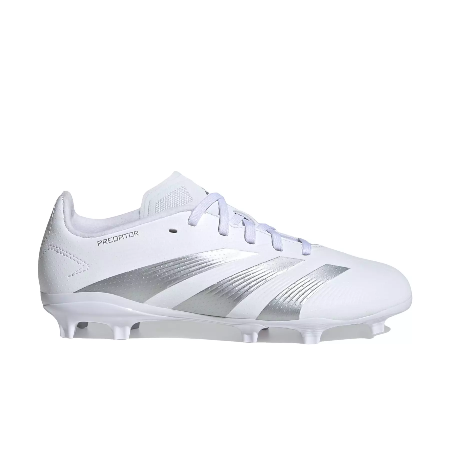 adidas Predator 24 League FG "Cloud White/Silver Metallic/Cloud White" Grade School Kids' Soccer Cleat - WHITE/SILVER/WHITE