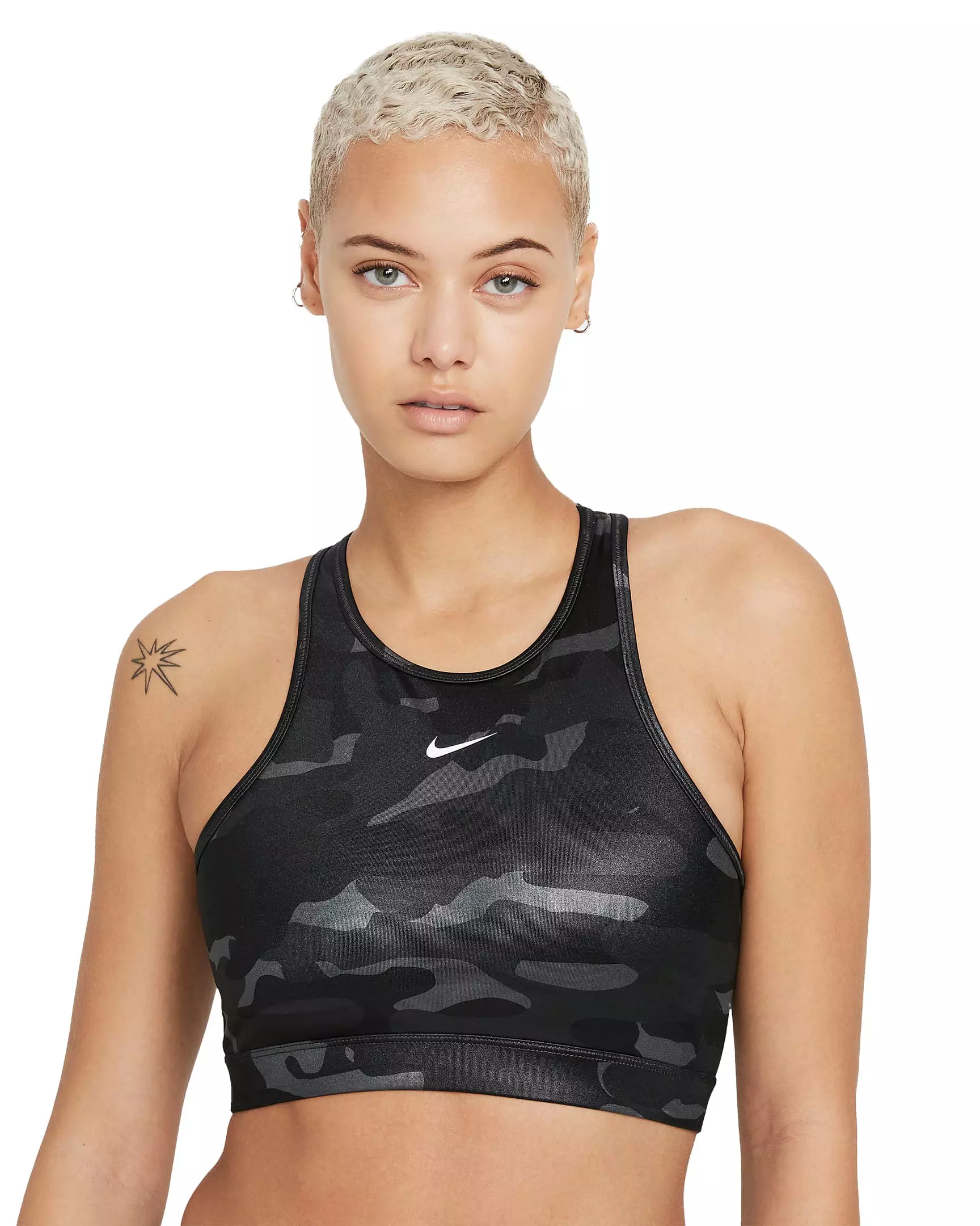 Nike Women's Dri-FIT Swoosh High-Neck Camo Sports Bra - GREY