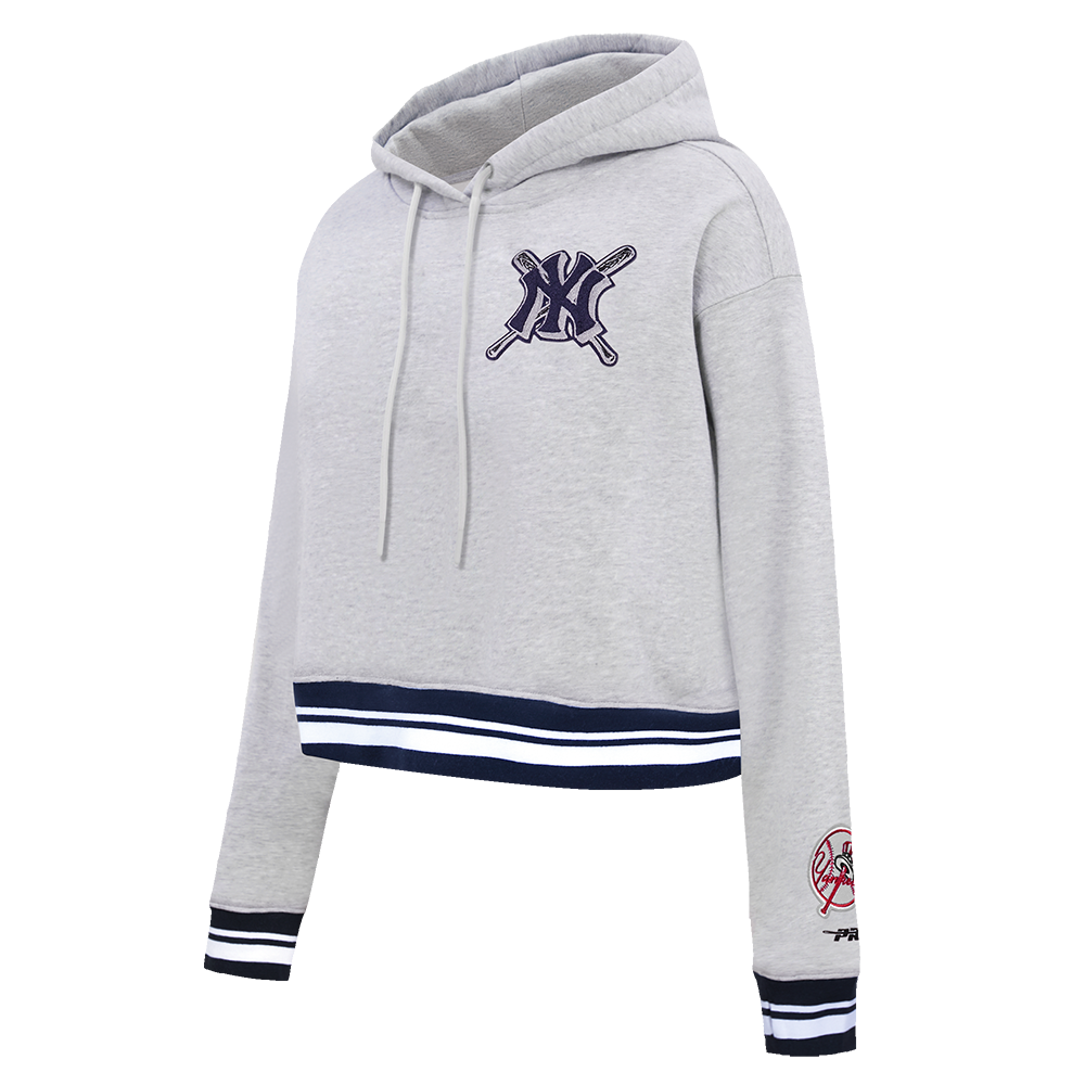 Pro Standard Women's MLB New York Yankees Mashup Rib Cropped Fleece PO Hoodie -Grey/Navy - GREY/NAVY Thumbnail View 3
