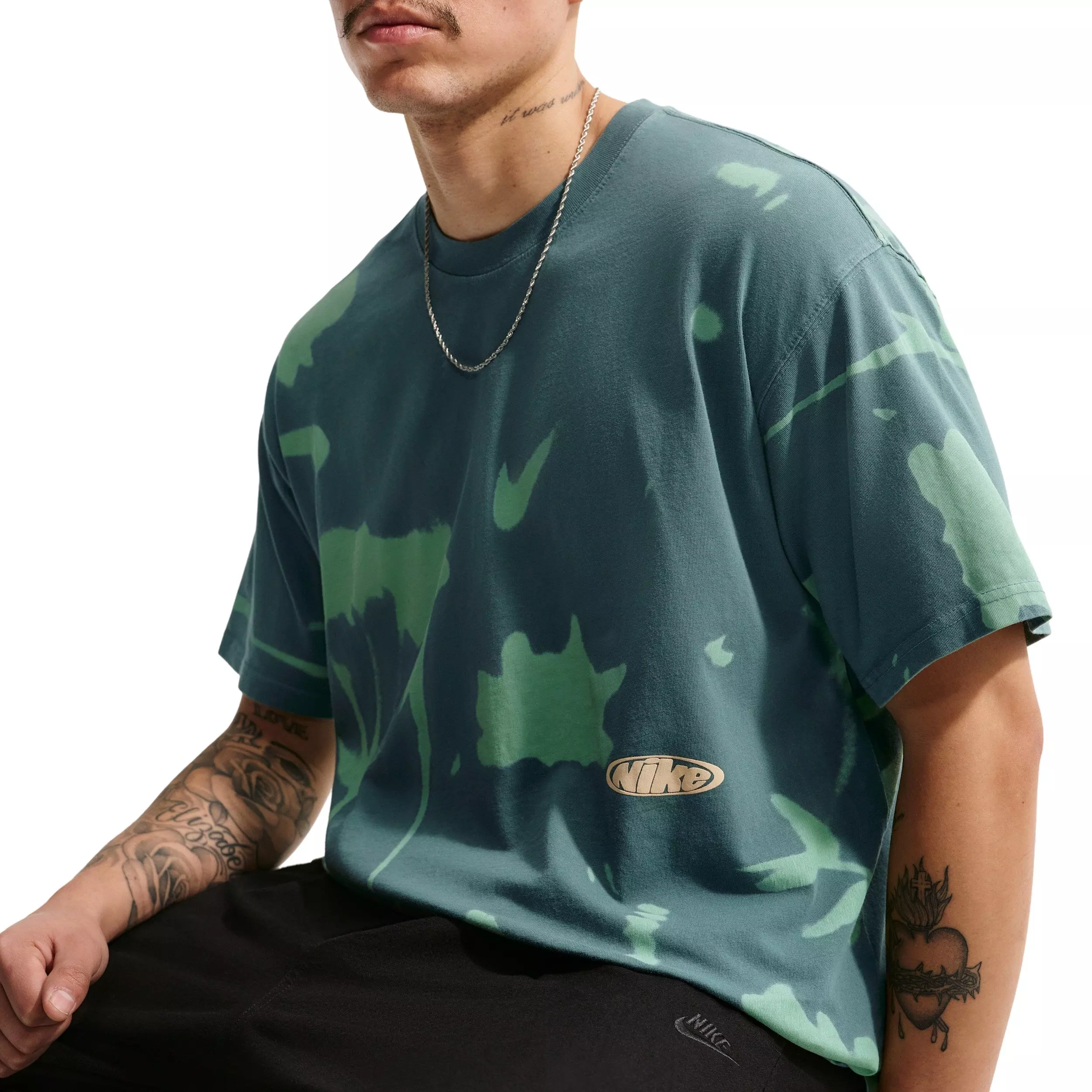 Nike Men's Sportswear LSE Floral Print T-Shirt - MINERAL SLATE/STEAM GREEN