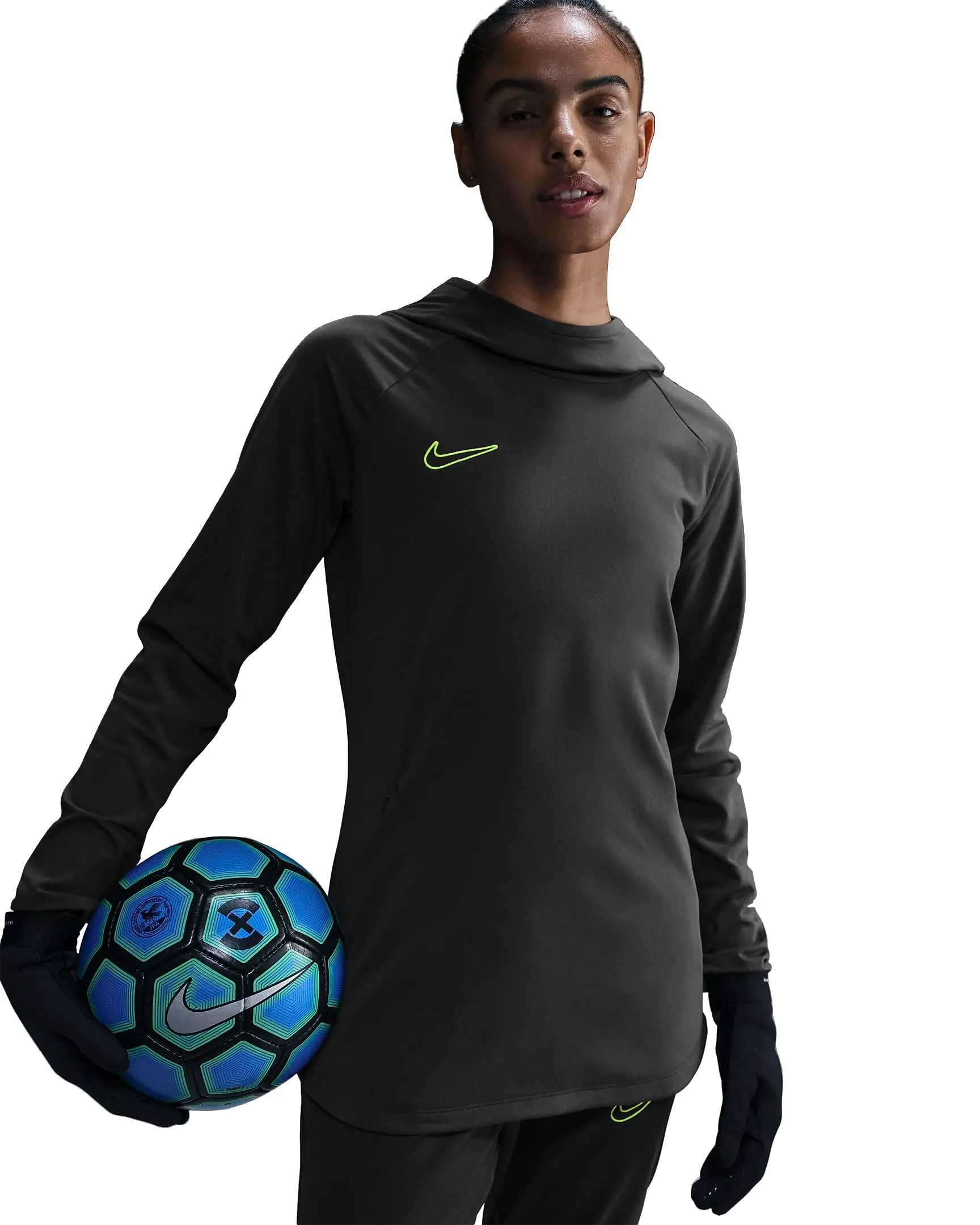 Nike Women's Dri-FIT Academy Hoodie -Dk Grey/Yellow - DK GREY/YELLOW