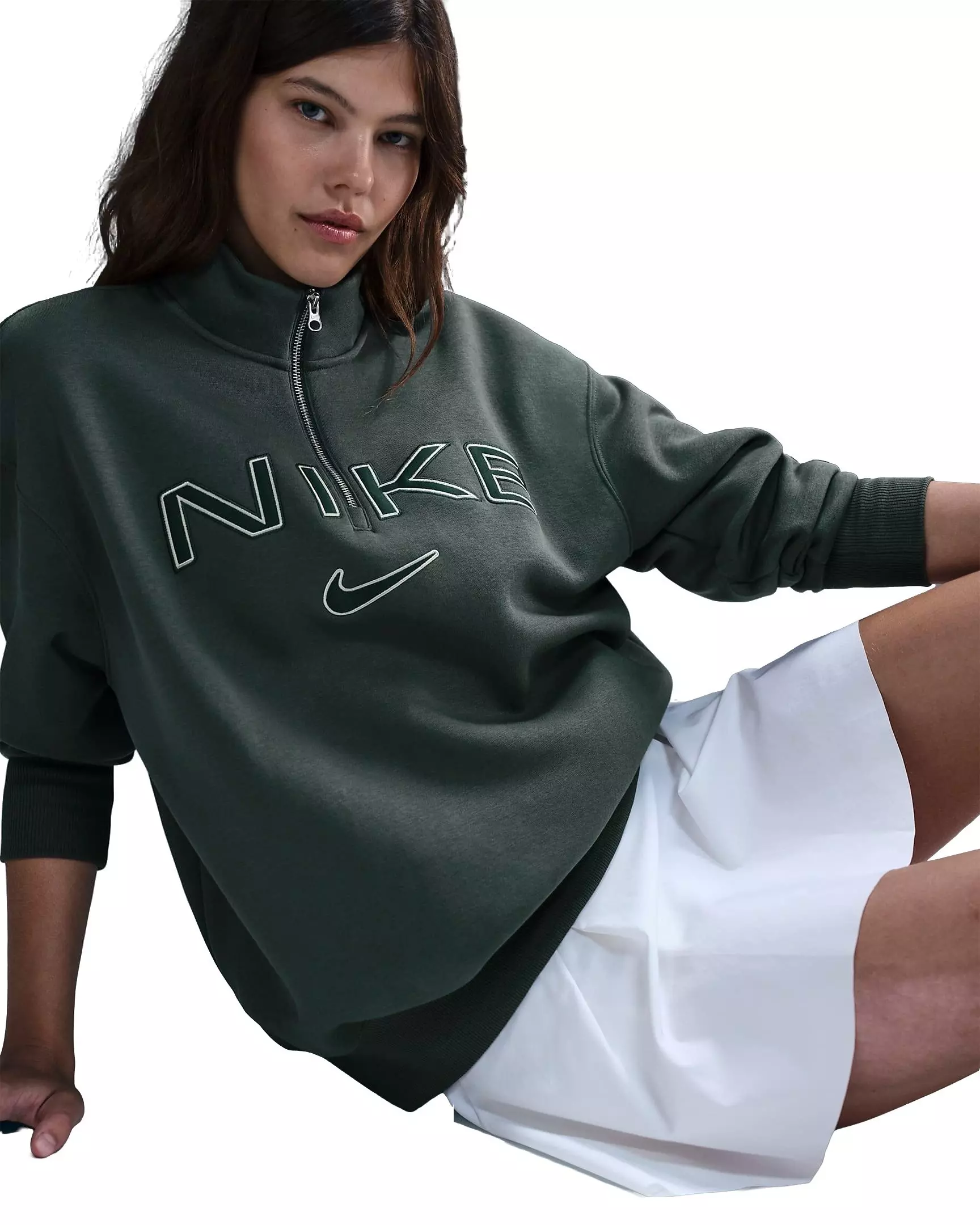 Nike Women's Sportswear Phoenix Fleece Oversized 1/4-Zip Logo Top - GREEN