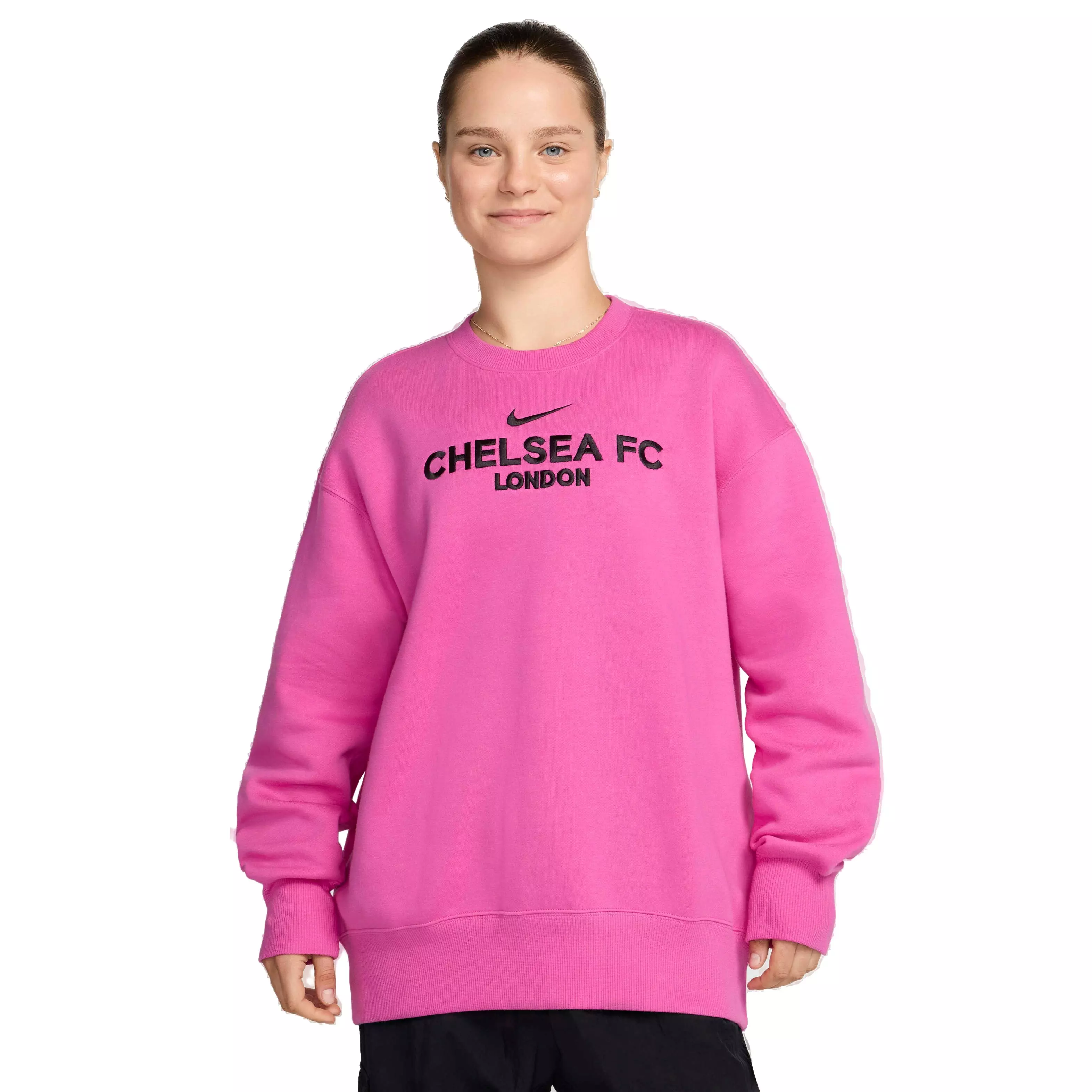 Nike Women's Chelsea F.C. Phoenix Fleece Third Soccer Oversized Crew-Neck Sweatshirt -Fuchsia/Black - FUCHSIA/BLACK