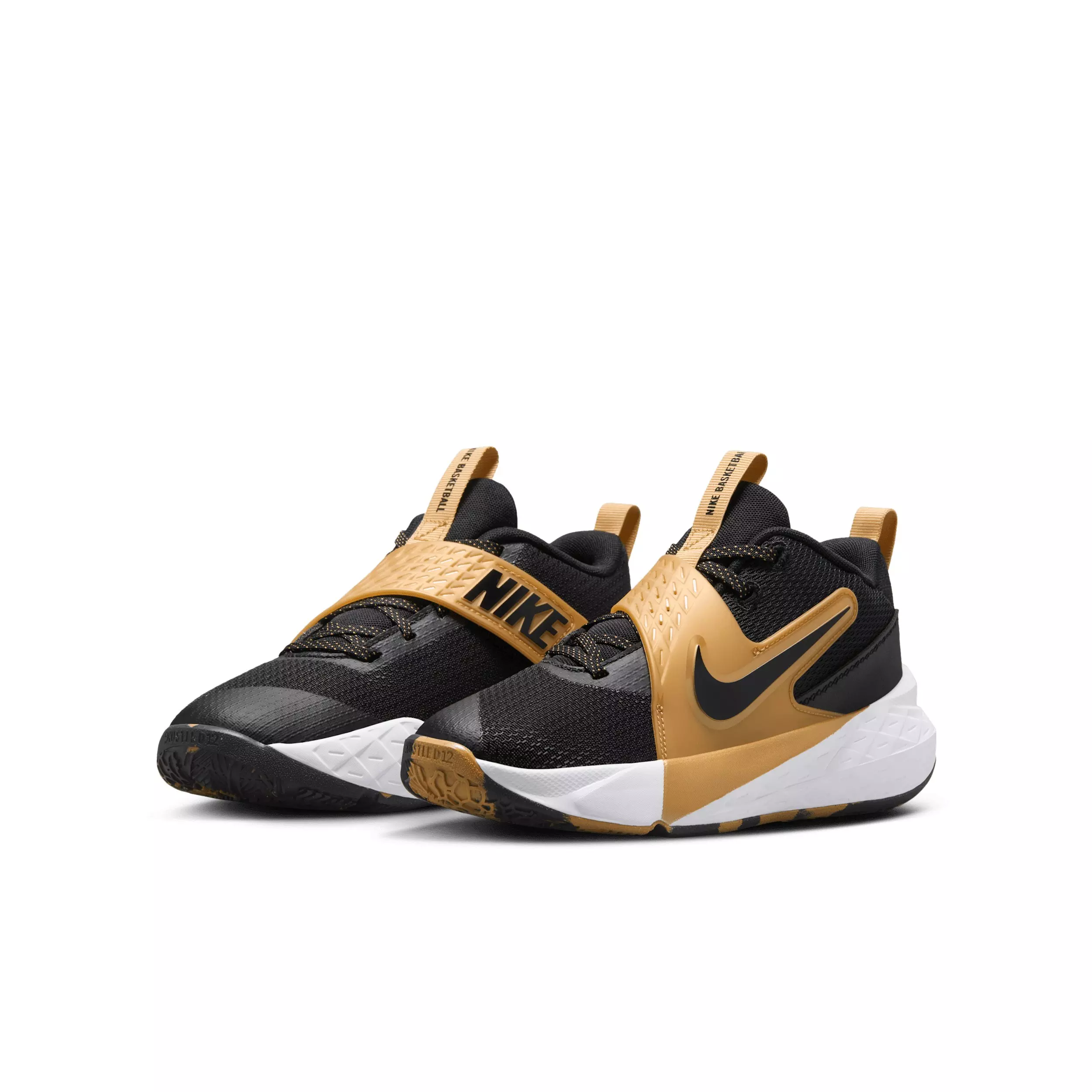 Nike Team Hustle D 12 "Black/Metallic Gold/White/Black" Grade School Boys' Basketball Shoe - BLACK/GOLD/WHITE/BLACK
