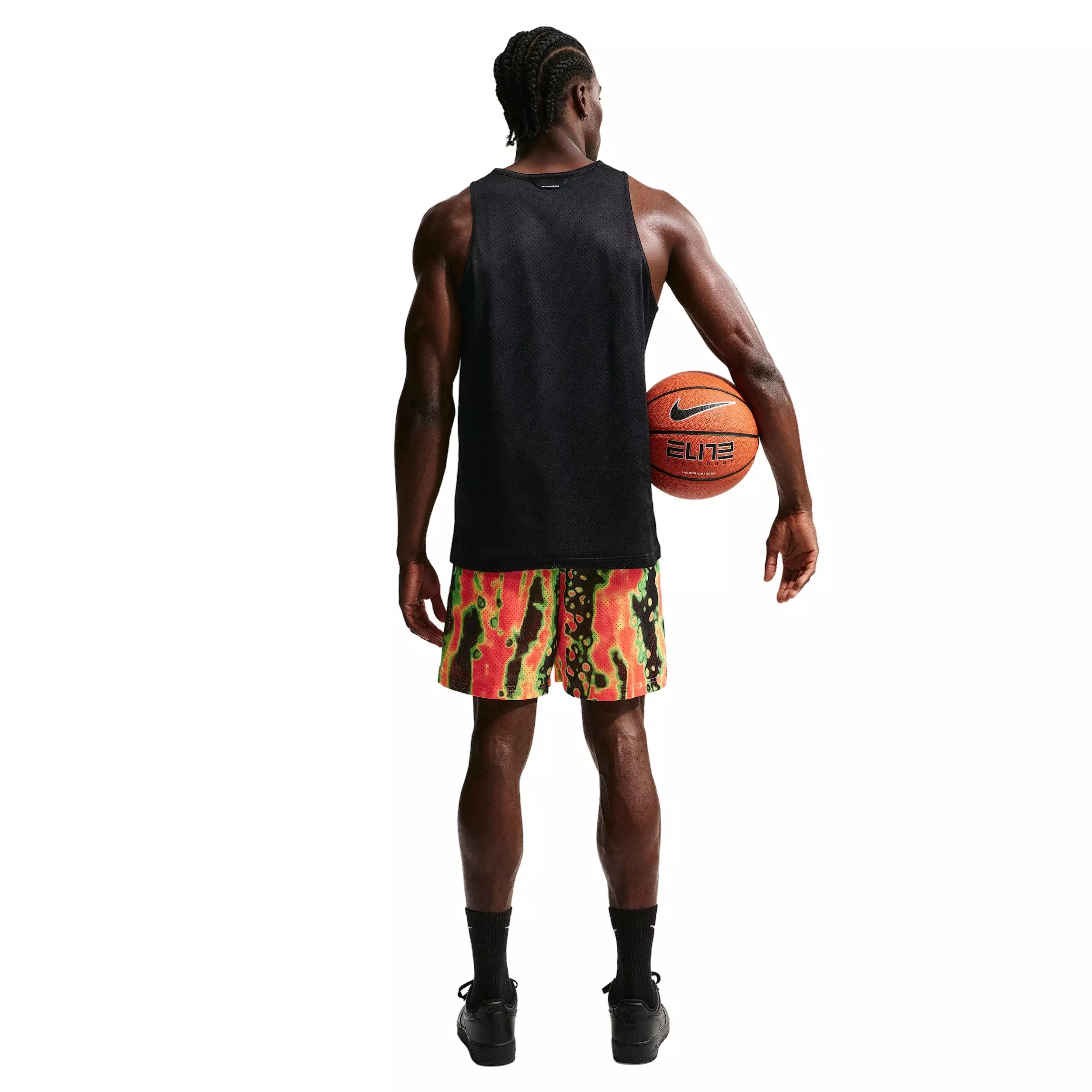 Nike Men's Standard Issue 5" AOP Practice Mesh Basketball Shorts - ORANGE/BLACK/GREEN