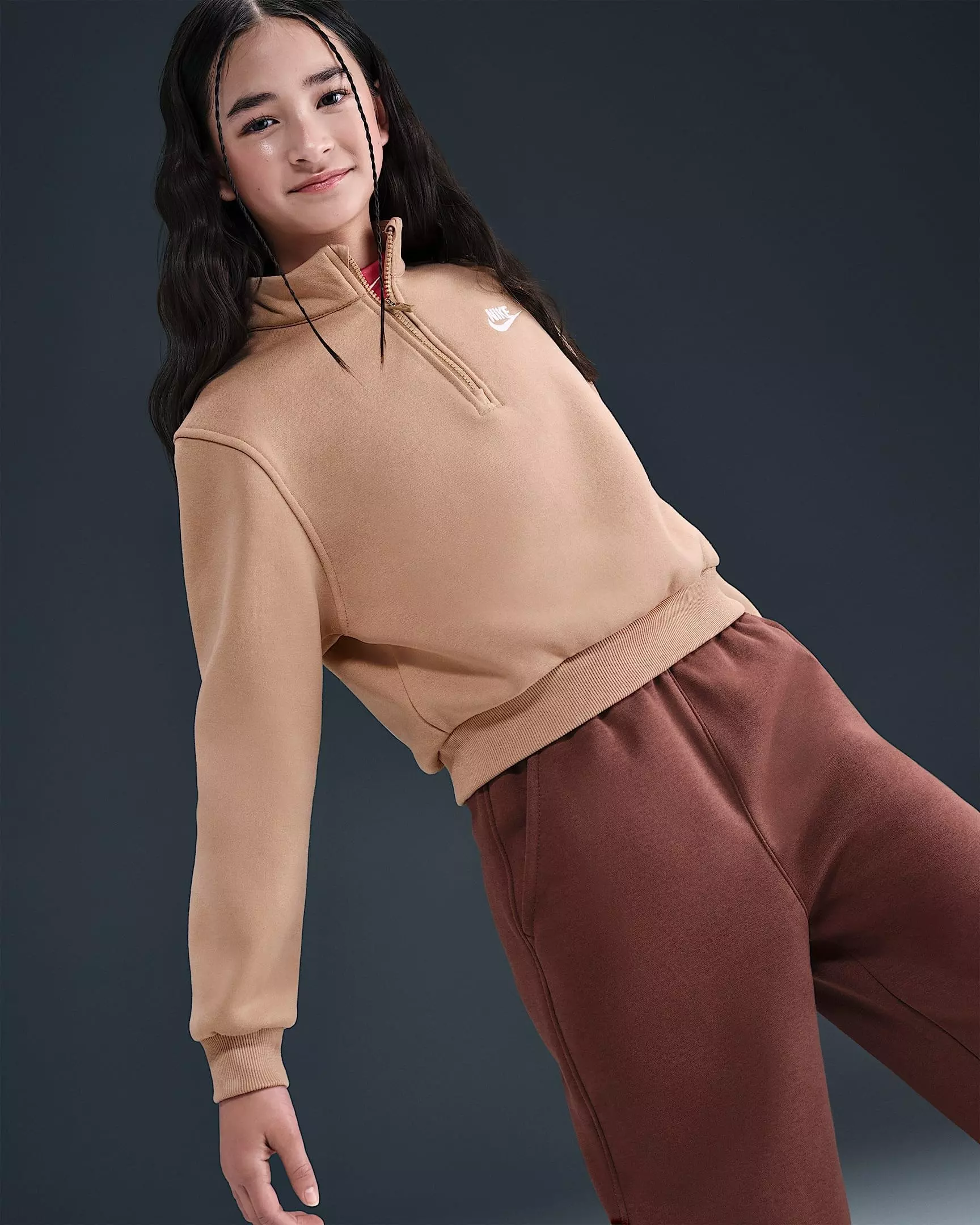 Nike Big Girls' Sportswear Club Fleece 1/2 Zip Long Sleeve Top - Brown - BROWN