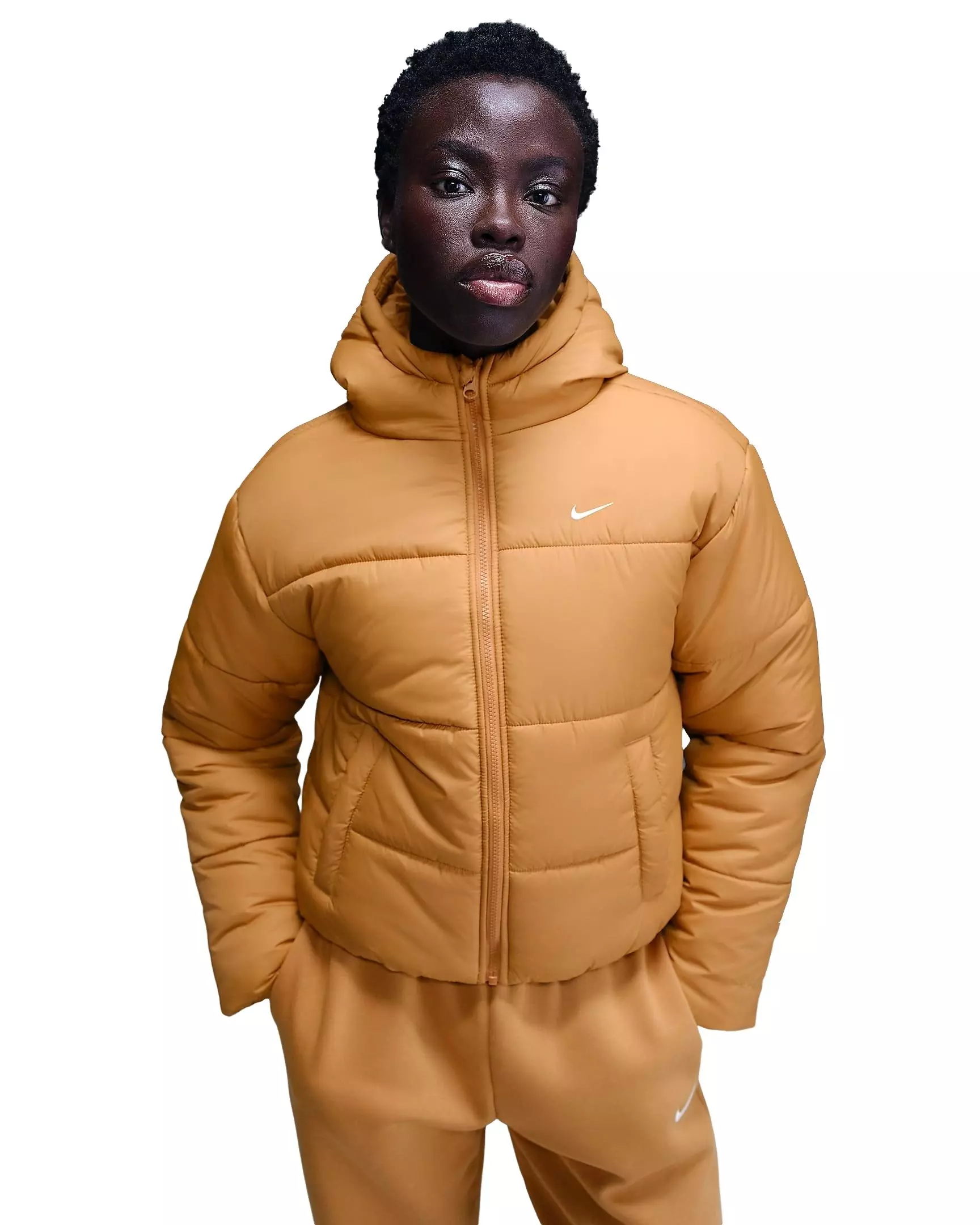 Nike Women's Sportswear Classic Puffer Therma-FIT Loose Hooded Jacket - FLAX/WHITE