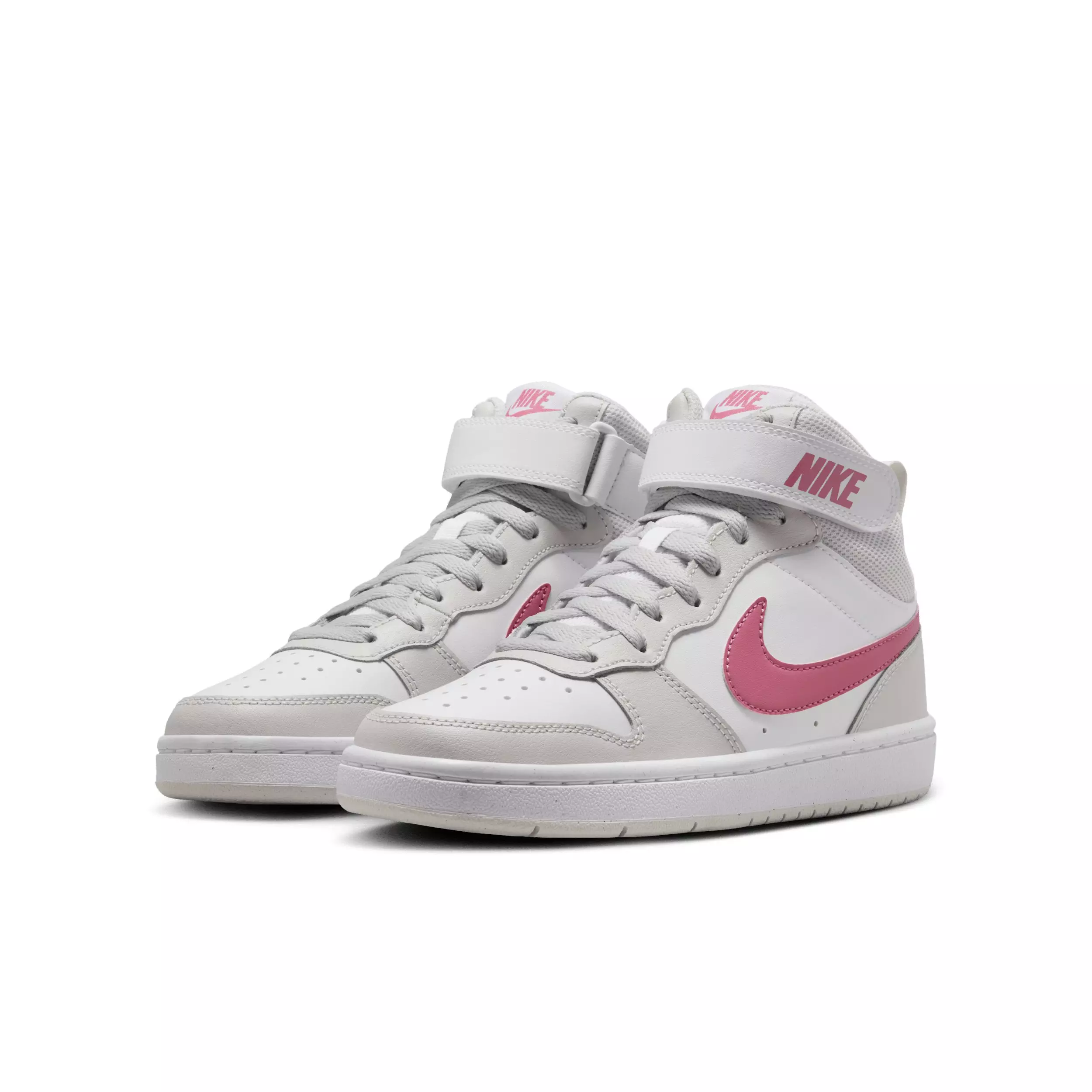 Nike Court Borough Mid 2 "White/Vast Grey/White/Peony" Grade School Girls' Shoe - WHITE/GREY/WHITE/PEONY
