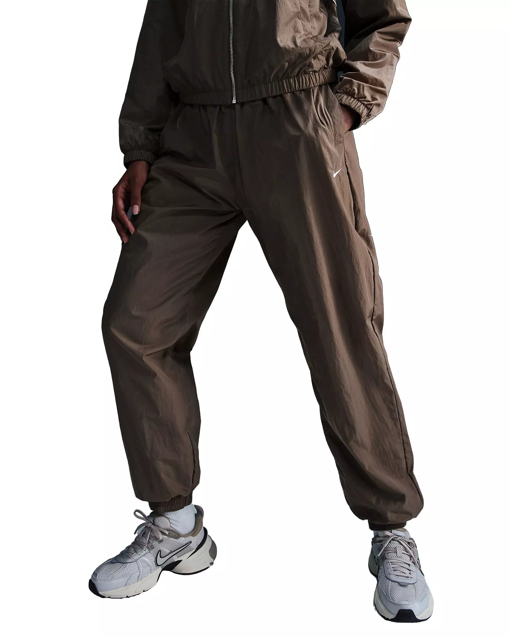 Nike Women's Sportswear Essential Mid-Rise Oversized Woven Joggers - IRONSTONE/WHITE