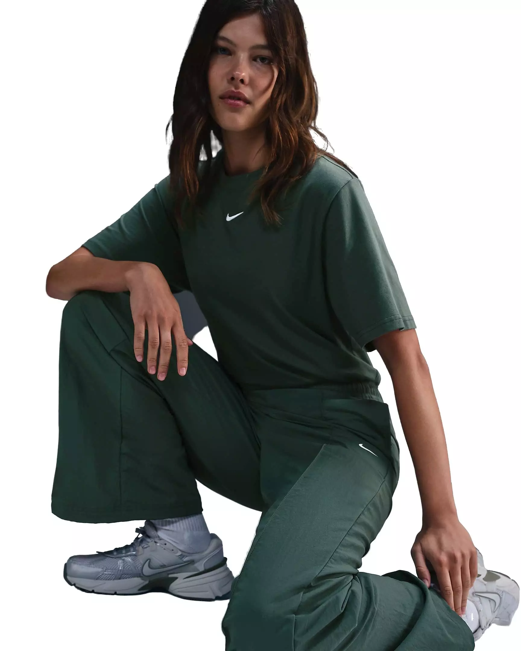 Nike Women's Sportswear Everything Woven Mid-Rise Open-Hem Pants - GREEN/WHITE