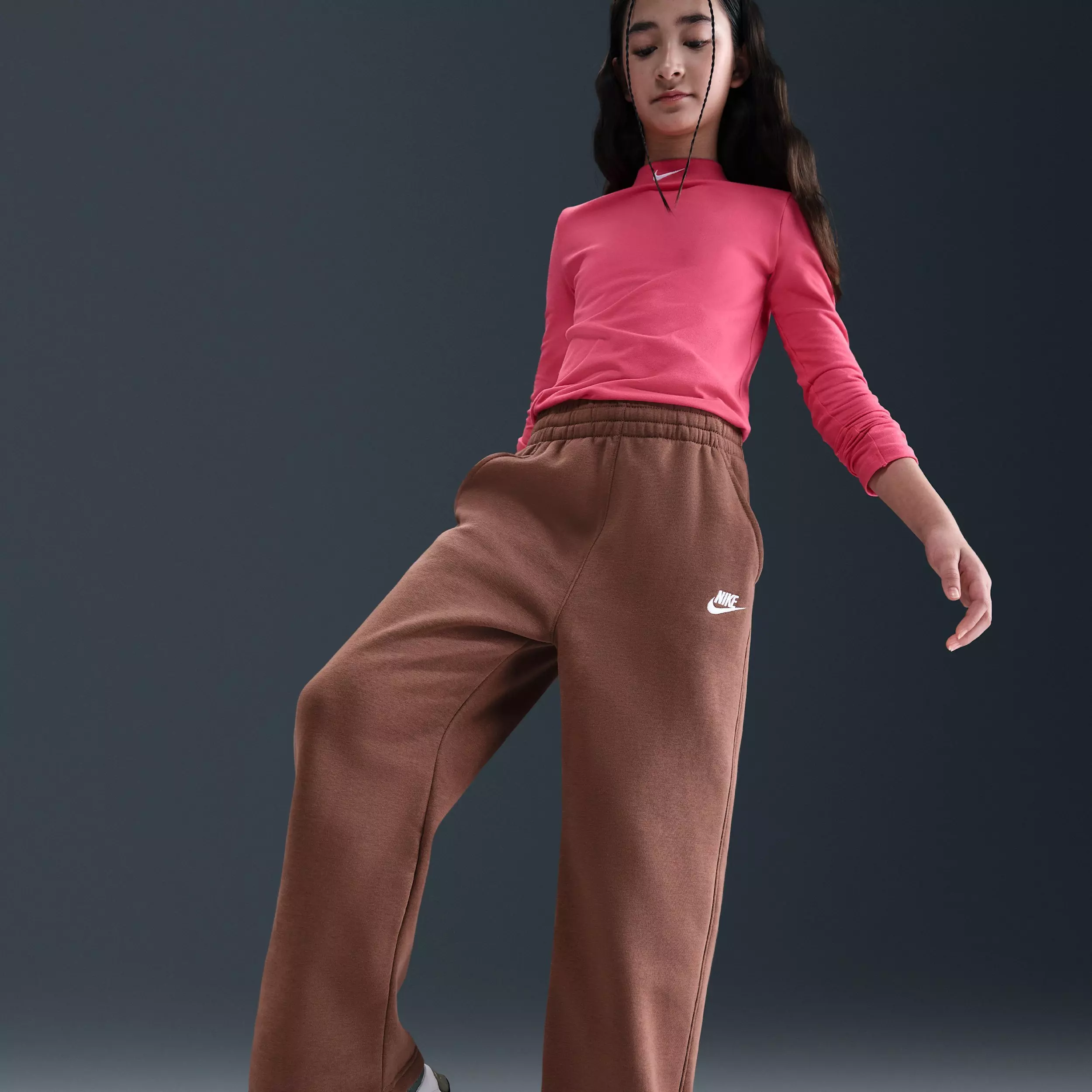Nike Big Girls' Sportswear Club Fleece Wide-Leg Pants - Dark Brown - DARK BROWN