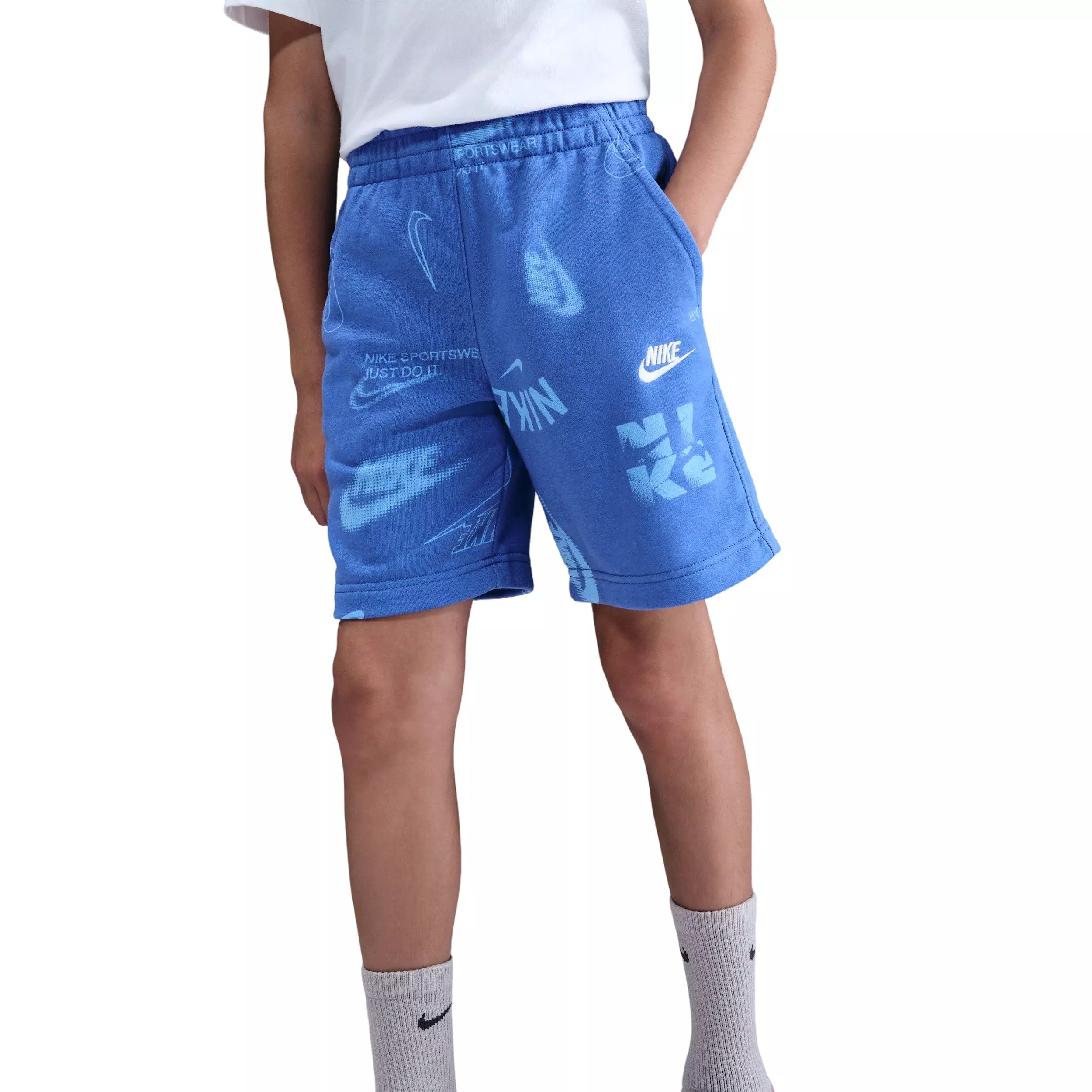 Nike Big Kids' Sportswear Logo Club French Terry Shorts - Blue/White - BLUE