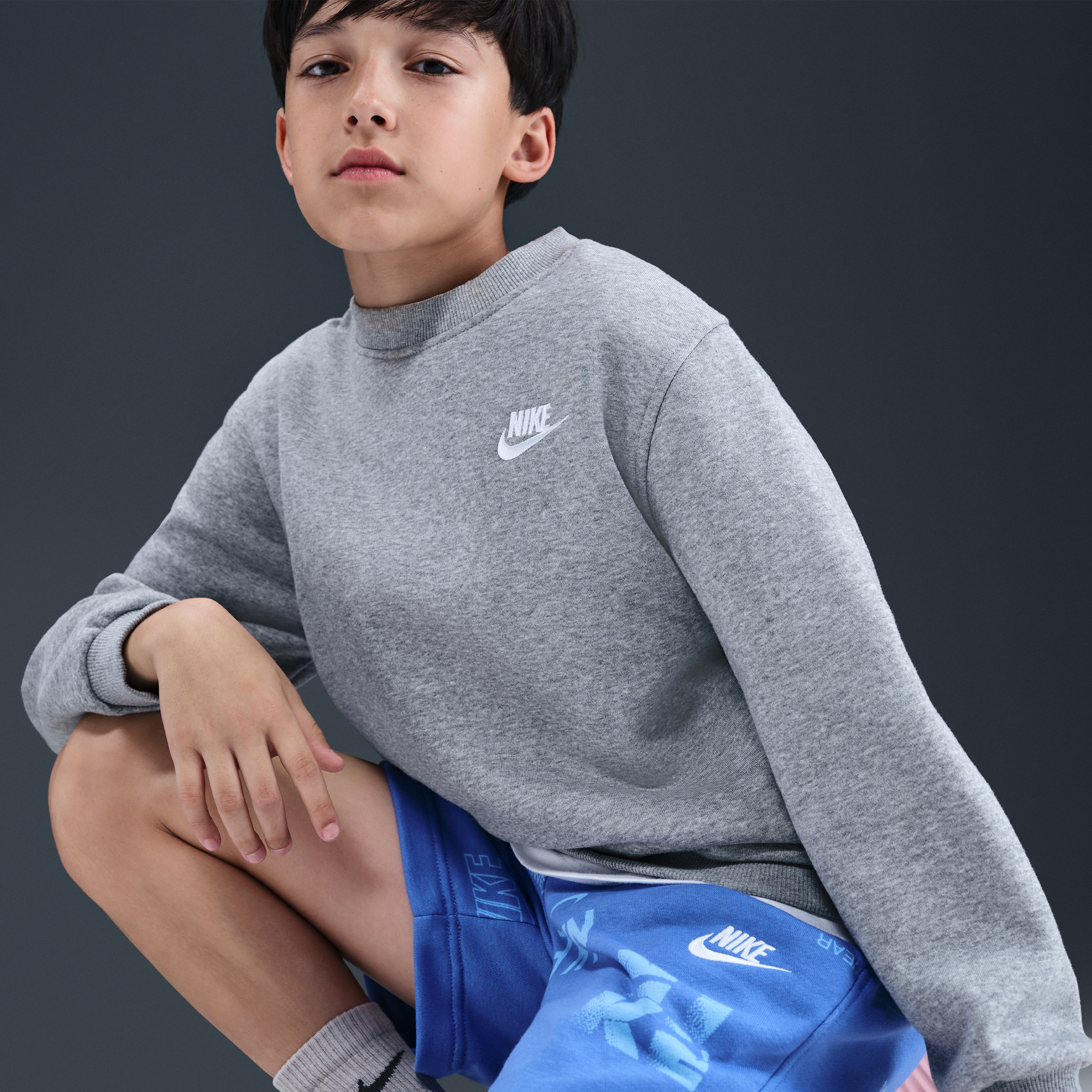 Nike Big Kids' Sportswear Logo Club French Terry Shorts - Blue/White - BLUE Thumbnail View 5