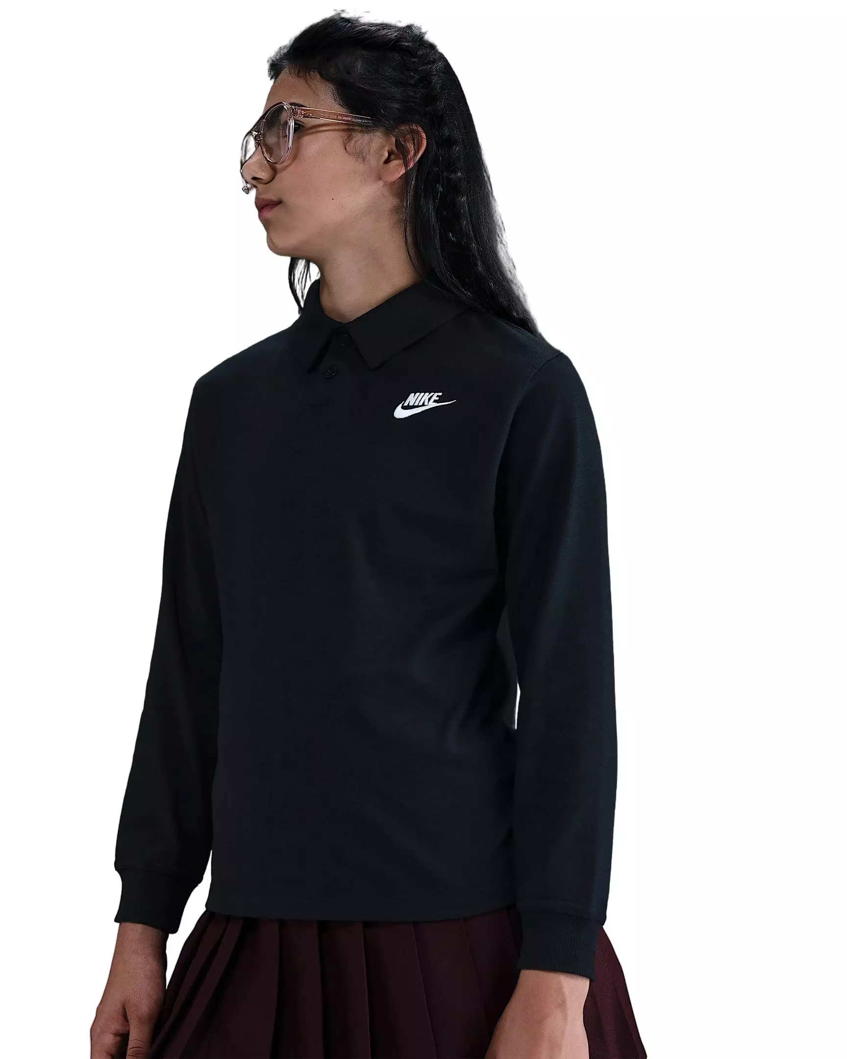 Nike Big Kids' Sportswear Club Knit Long-Sleeve Polo -Black - BLACK