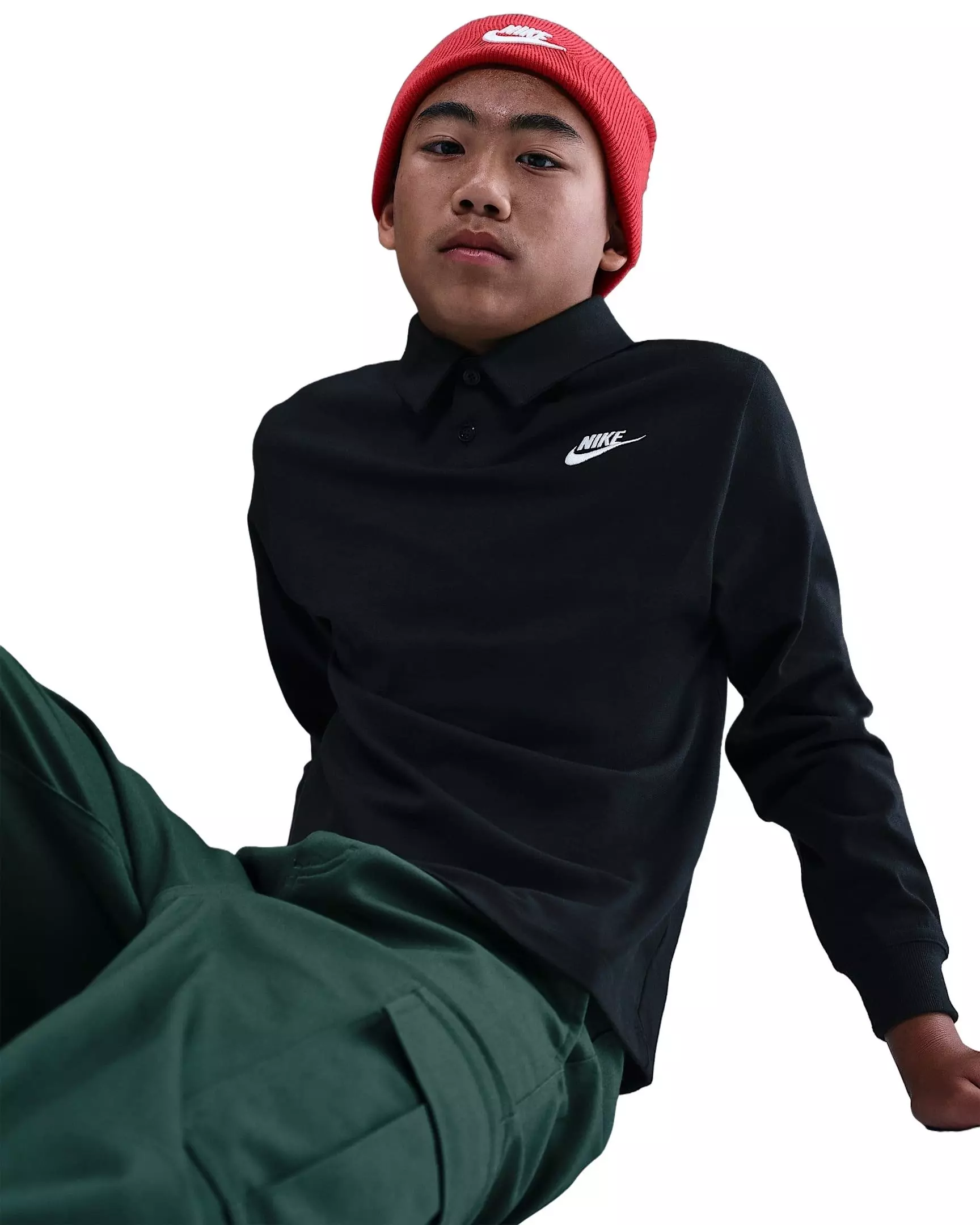 Nike Big Kids' Sportswear Club Knit Long-Sleeve Polo -Black - BLACK