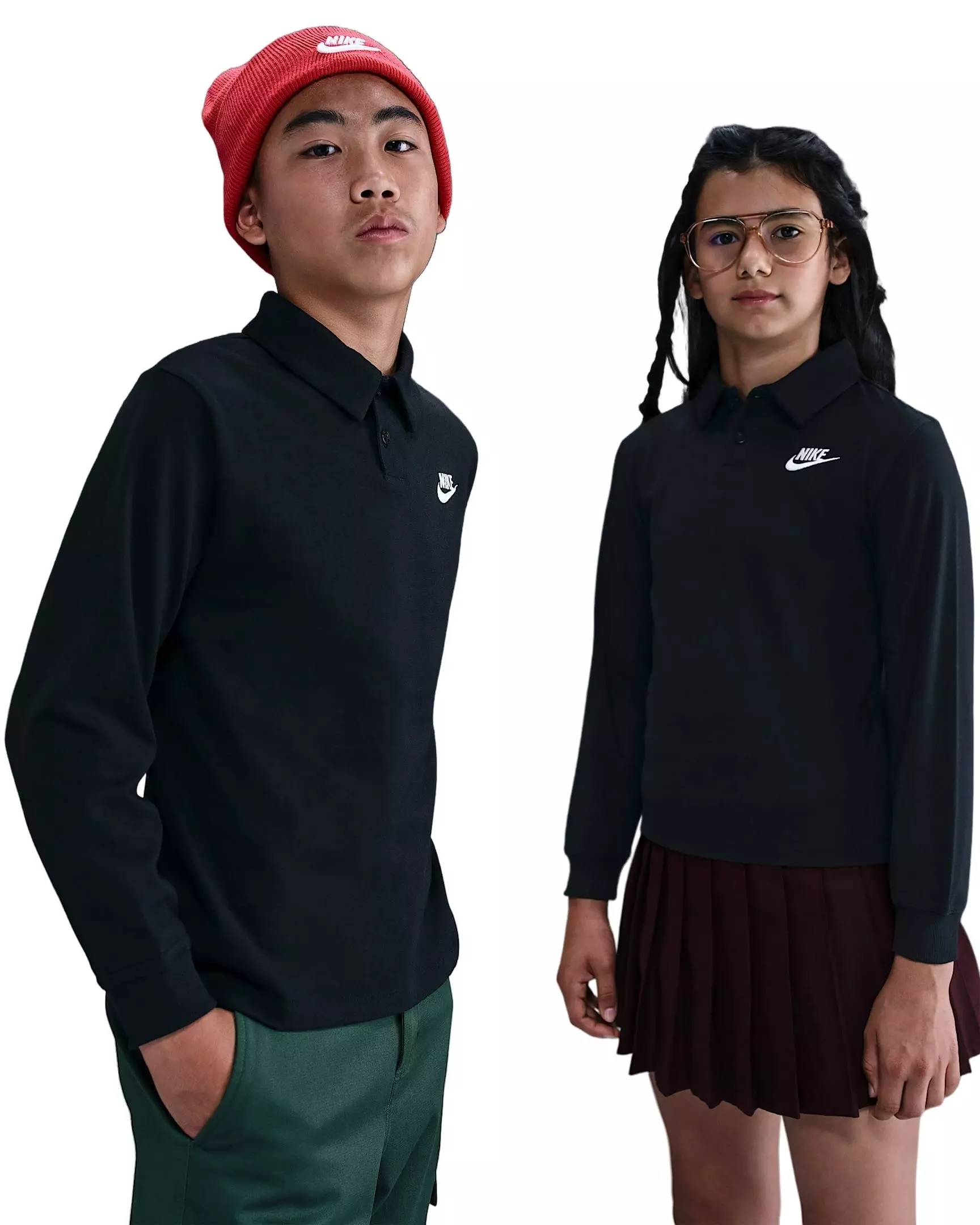 Nike Big Kids' Sportswear Club Knit Long-Sleeve Polo -Black - BLACK