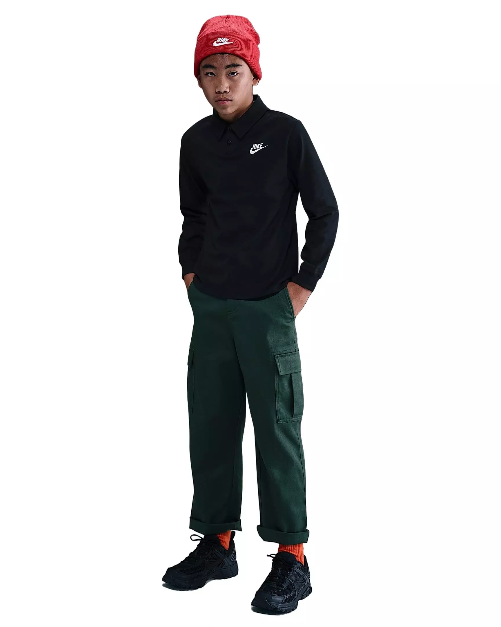 Nike Big Kids' Sportswear Club Knit Long-Sleeve Polo -Black - BLACK