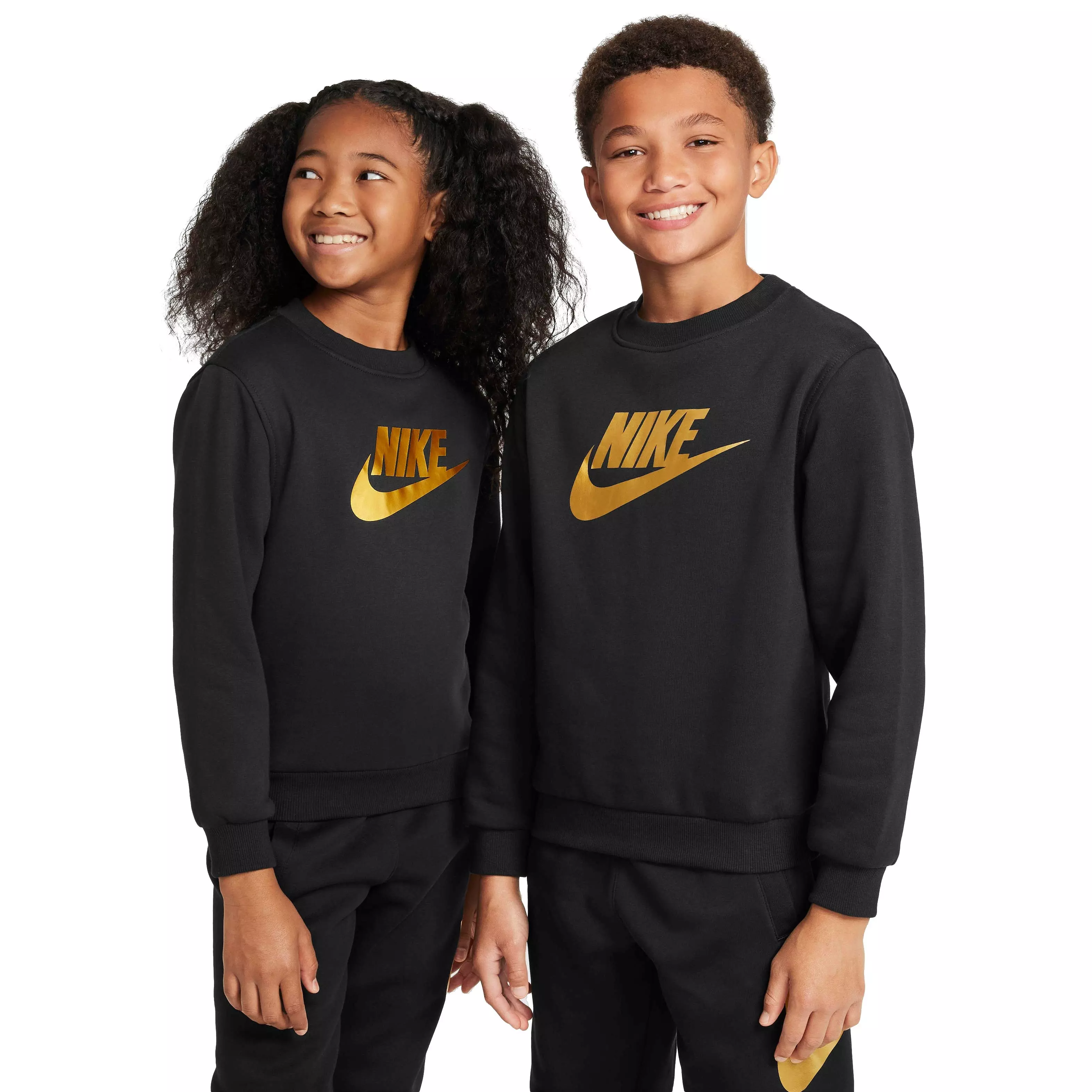 Nike Big Kids' Sportswear Club Fleece Crew-Neck Sweatshirt -Black/Gold - BLACK/GOLD