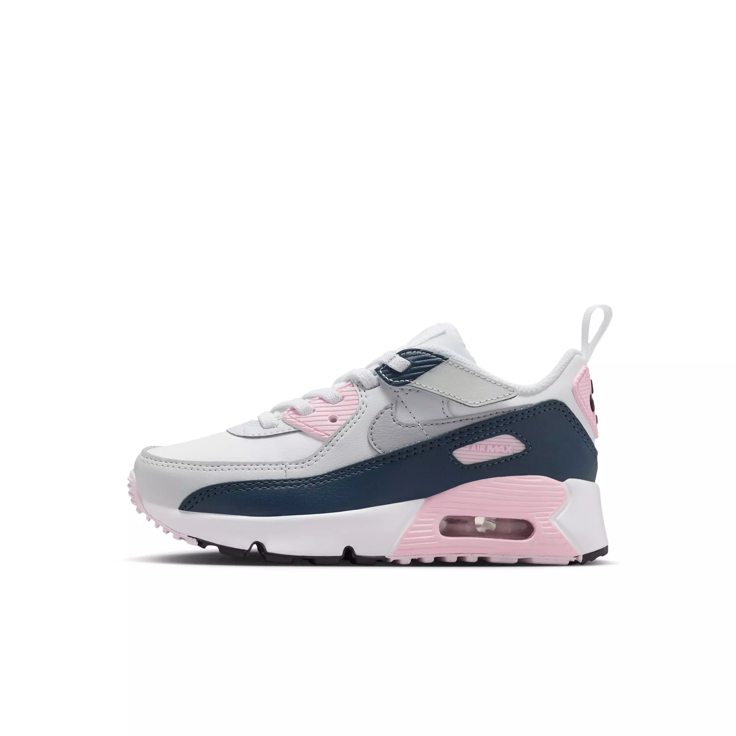 Nike Air Max 90 EasyOn "White/Pink Foam/Armory Navy/Wolf Grey" Preschool Girls' Shoe - WHITE/PINK/NAVY/GREY